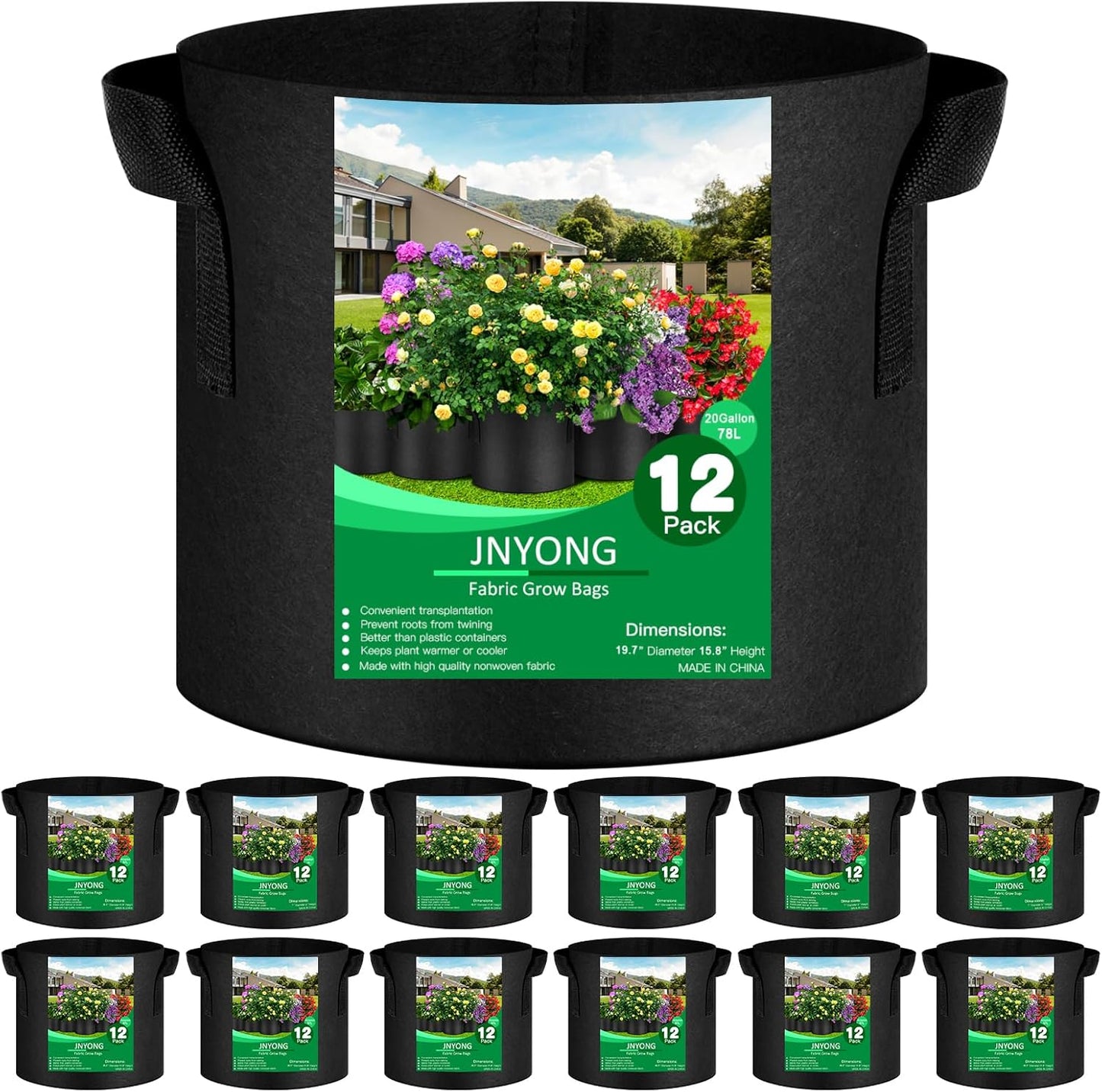 NYONG 12-Pack 20 Gallon Thickened Non-Woven Grow Bags, Aeration Fabric Pots with Handles（Black）