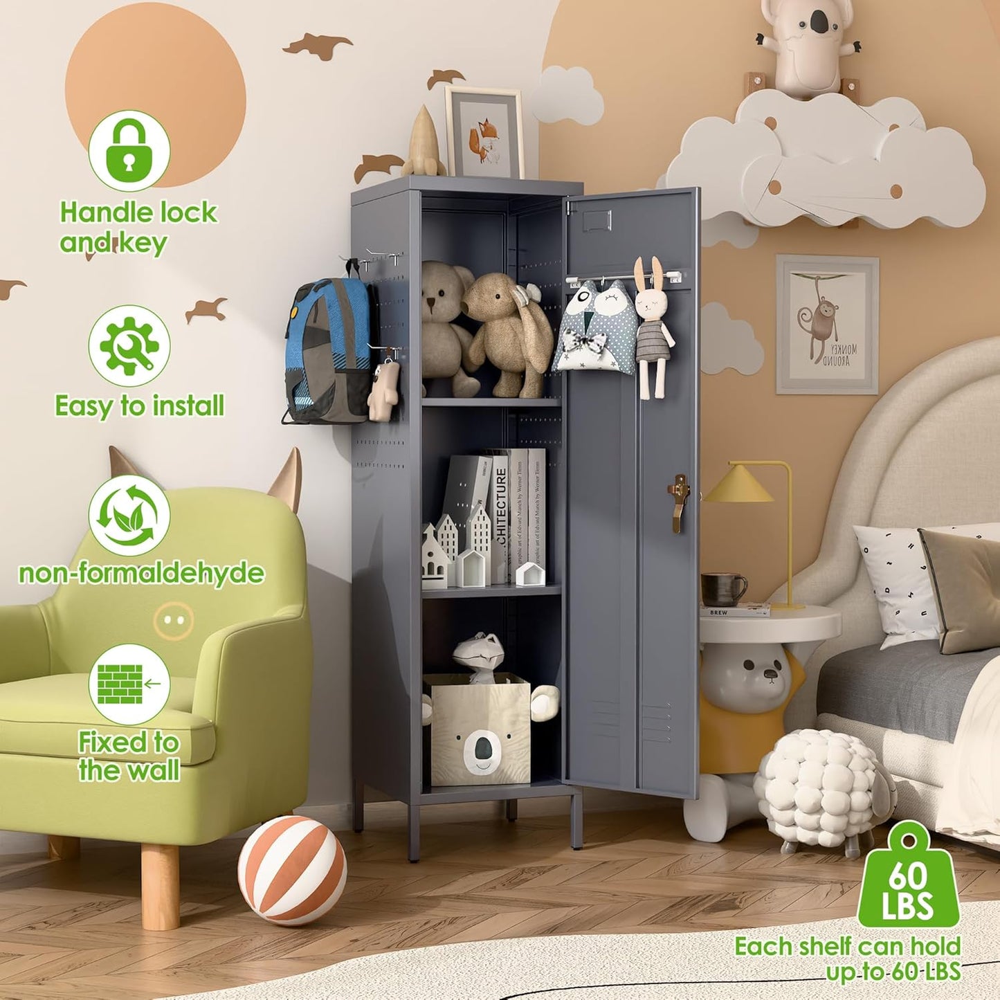 Metal Lockers for Employees with Handle,Metal Storage Locker with 2 Pegboard & 5 Hooks for Gym, School, Office,Home,Garage,Grey