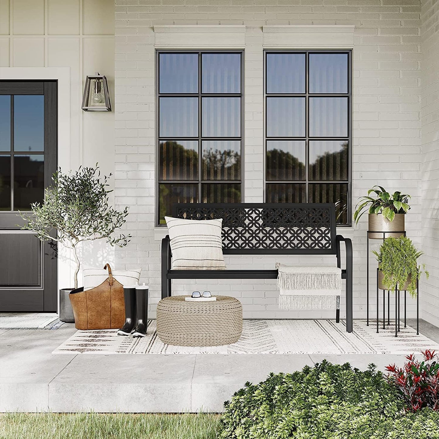 Grand patio 50" Outdoor Bench, Garden Benches with Anti-Rust Metal Powder Coated Frame, Patio Bench for Front Porch Park Outside Furniture Decor, Black