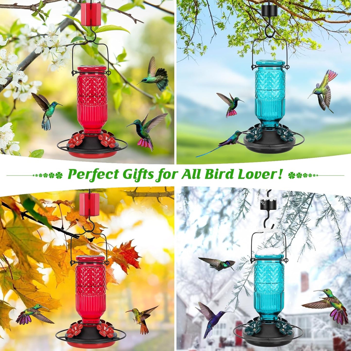 FEED GARDEN Glass Hummingbird Feeder for Outdoors Hanging, 16 OZ Humming Bird Feeders with 4 Bee Guard Feeding Ports & Built-in Ant Moat, Hummingbird Gifts for Mom Bird Feeder for Outside, Red,2 Pack