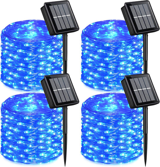 QITONG Blue Solar Fairy Lights, 4 Pack Each 33ft 100 LED String Lights Outdoor Waterproof, 8 Modes Silver Wire Twinkle Mini Lights