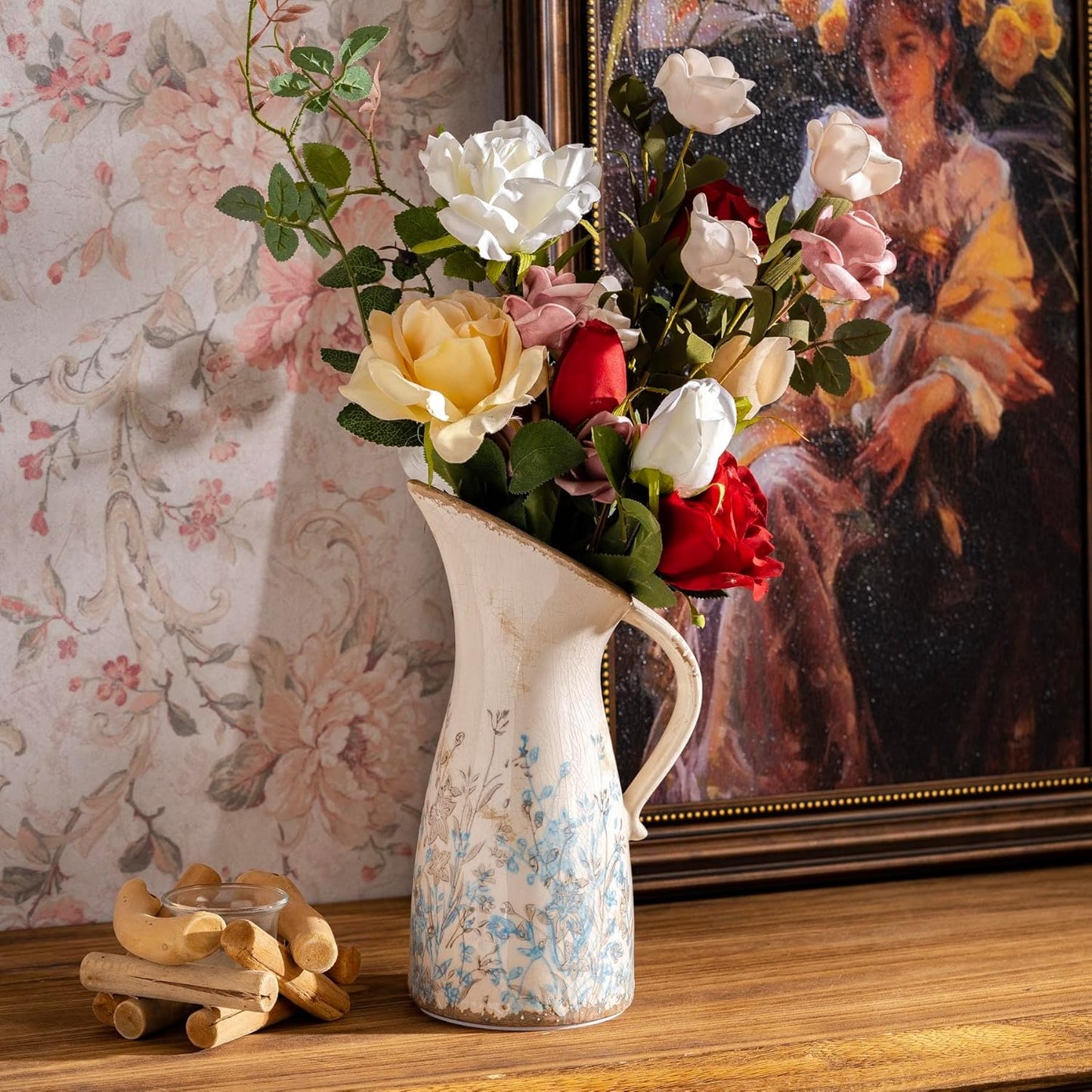 Vintage Ceramic Pitcher Vase with Handle, Farmhouse Blue and Brown Large Floral Vases, French Country Decorative Vase, Rustic Table Centerpiece for Home Decor Living Room, Bookshelf, Office 10.5 Inch