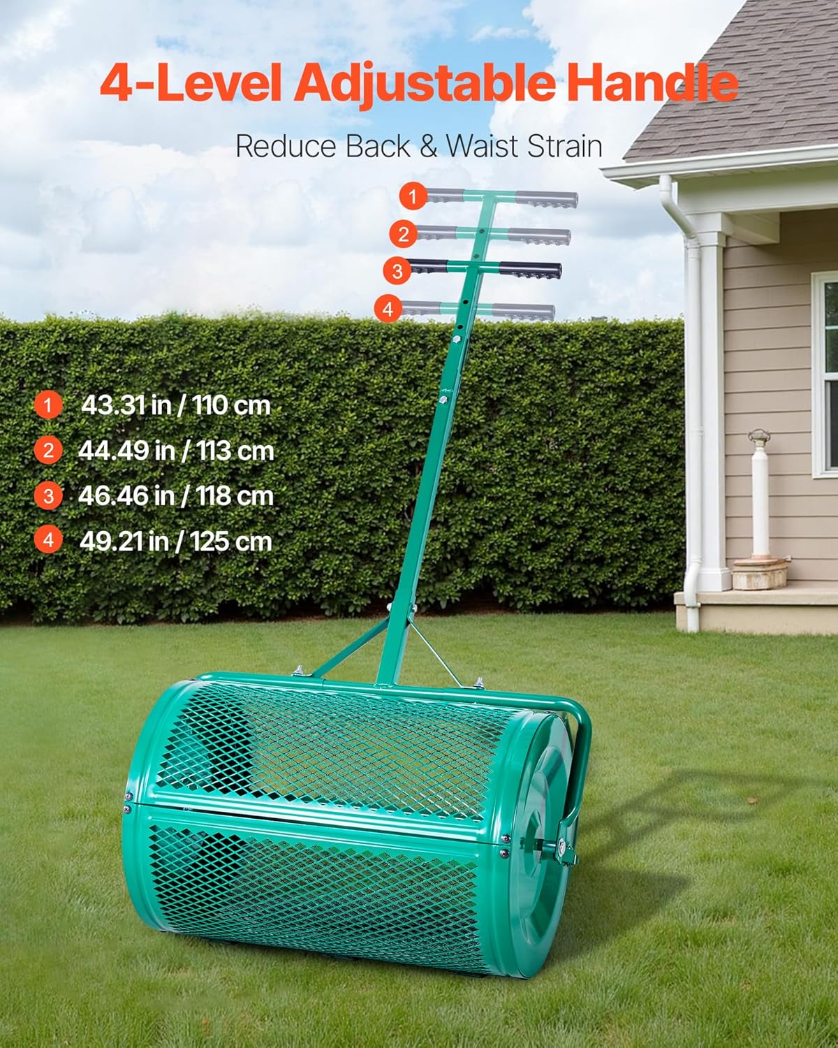 VEVOR Compost Spreader, 24 in Wide Peat Moss Spreader with Push/Tow Handle, 4 Heights Adjustable, Powder-Coated Steel Garden Peat Moss Roller, Heavy Duty Grass Seed Spreaders for Planting Seeding