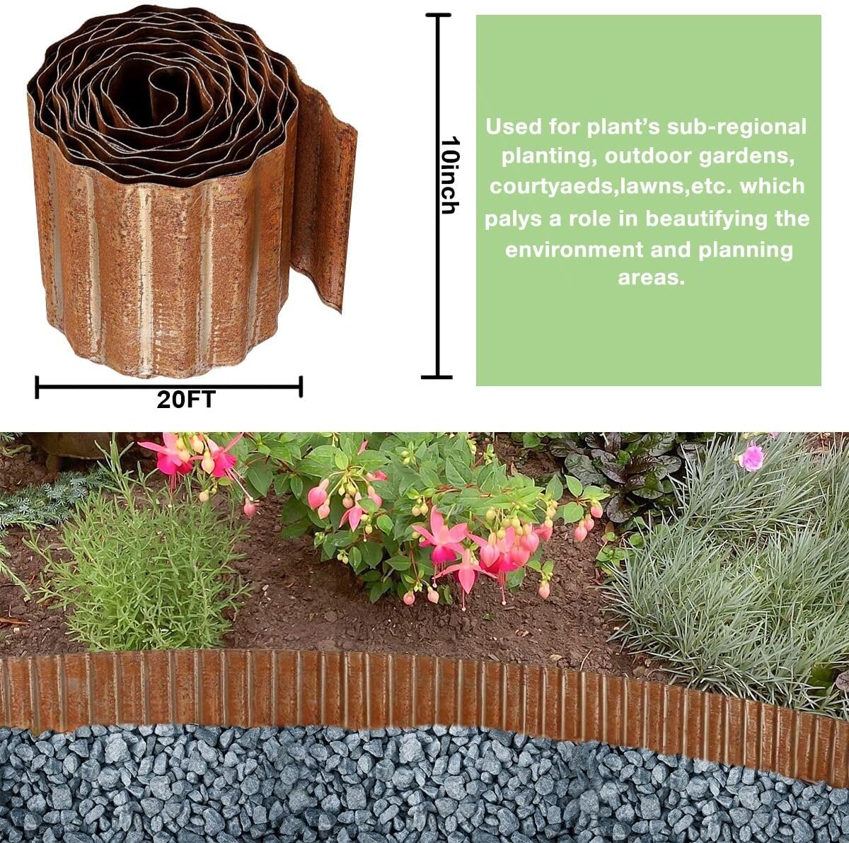 Landscape Edging Border 10in x 20ft- Corrugated Metal Garden Edging-Lawn Edging Borders-Galvanized Edging Long Strips Yard Border for DIY Flower Beds, Plants, Walkways-Brown