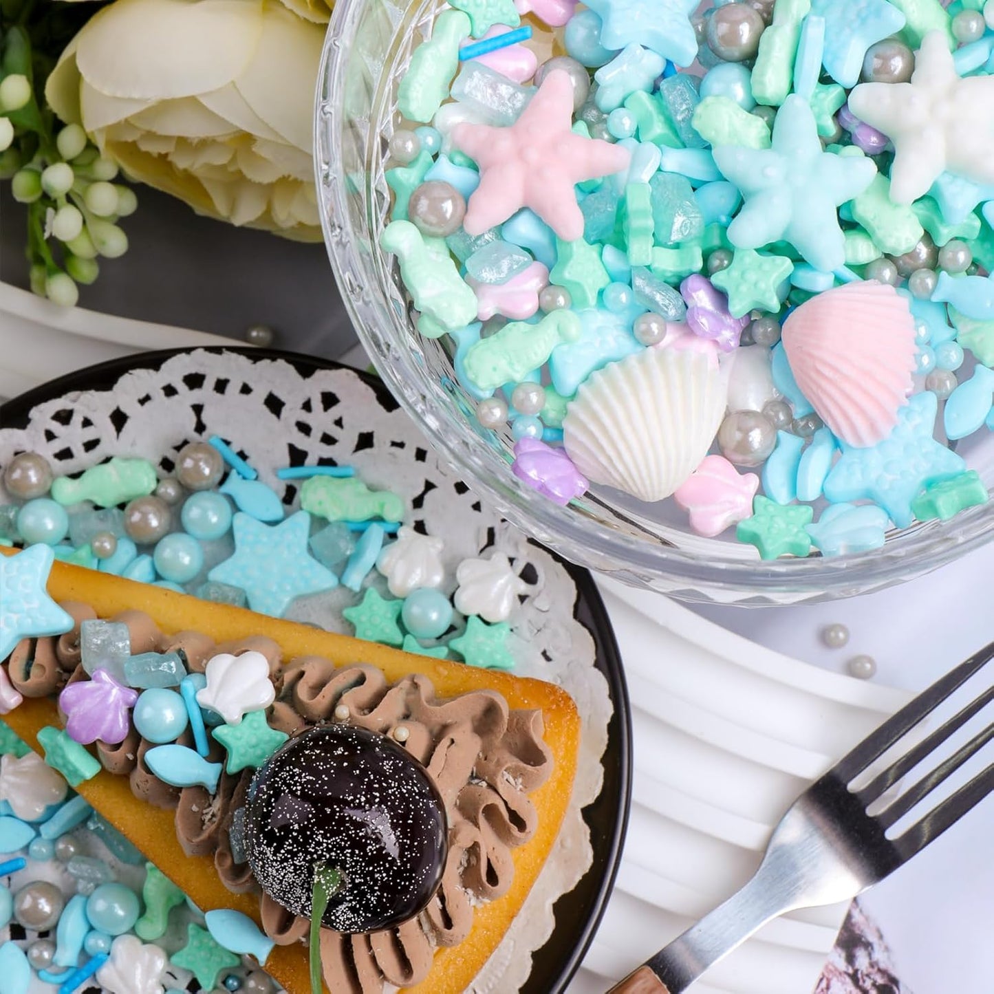 Ocean Sprinkles for Cake Decorating, Shell, Seahorse, Starfish, Fish & Pearl Sugar Mix for Cupcakes Cookies and Ice Cream Toppings