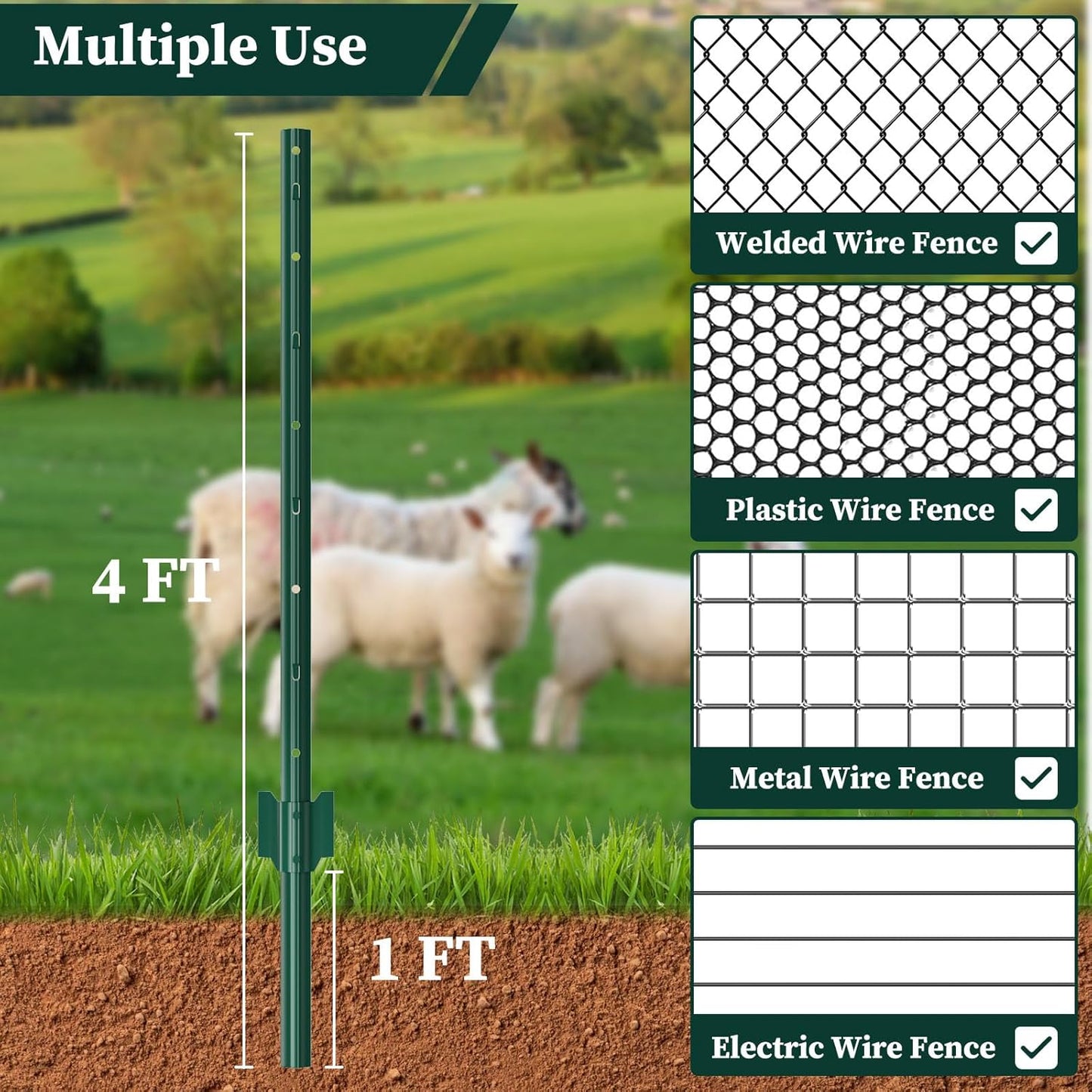 20 Pack Garden Fence Post, 4 Feet Heavy Duty Metal U-Post for Wire Fence, No Dig Garden Fence Stakes for Temporary Fencing, Electric Fence Wire, Corner Anchor, and More-Green