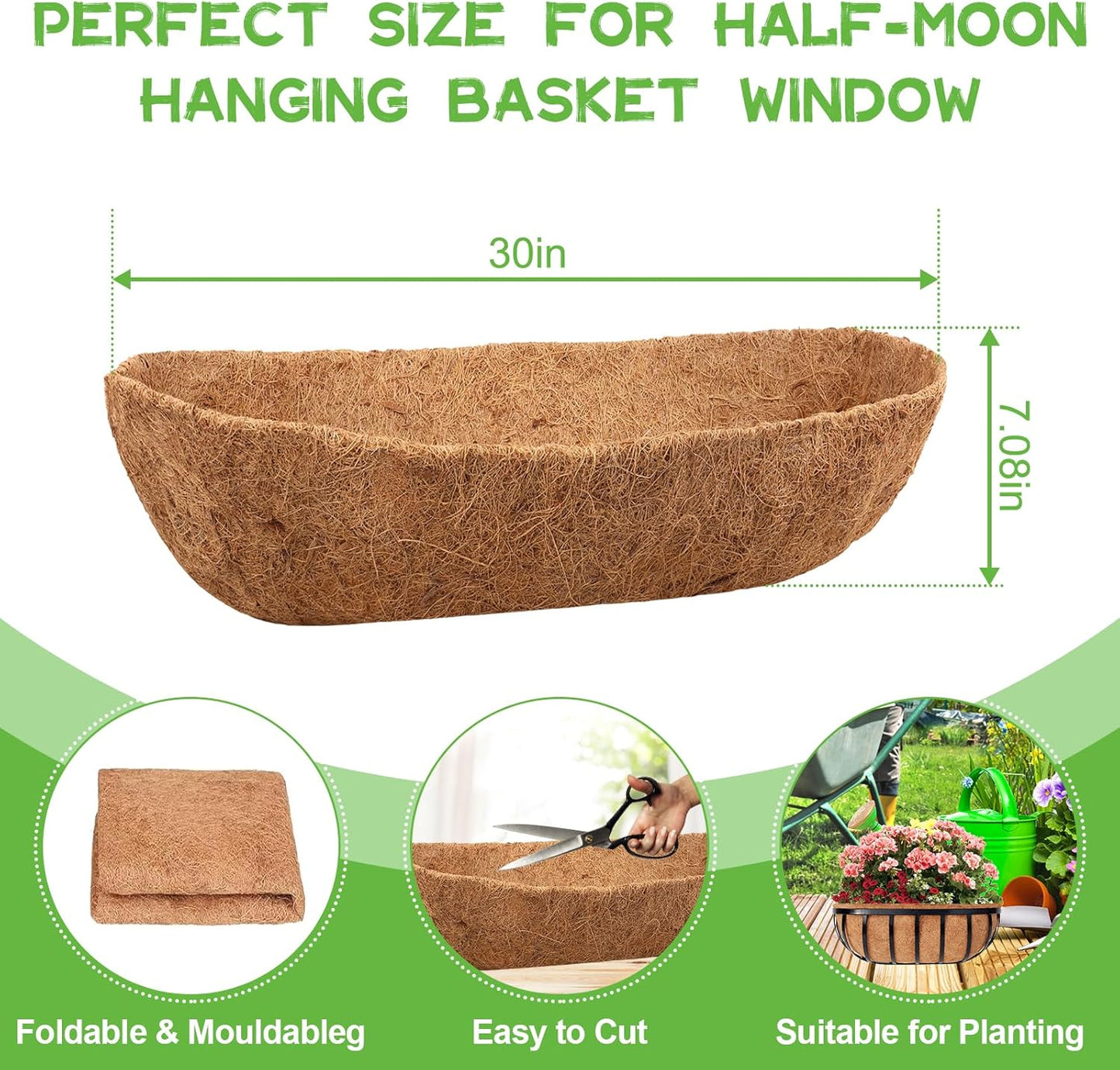 Riare 4 Pack 30 Inch Trough Coco Coir Liners for Planters, Pre-Formed Coconut Coir Replacement Liner Natural Coco Fiber Window Box Liners for Wall Planter, Window Basket Deck Railing Planter