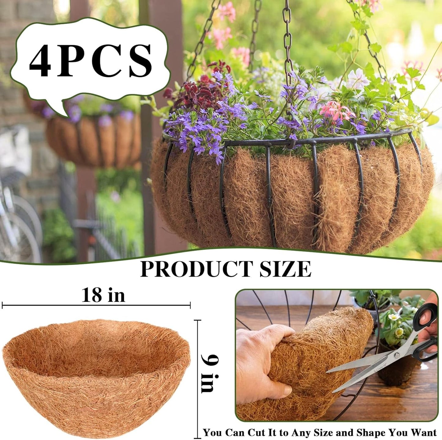 Halatool 4PCS 18 Inch Coconut Liners - 100% Natural Coco Fiber Round Liners for Planters, Flowers, Vegetables