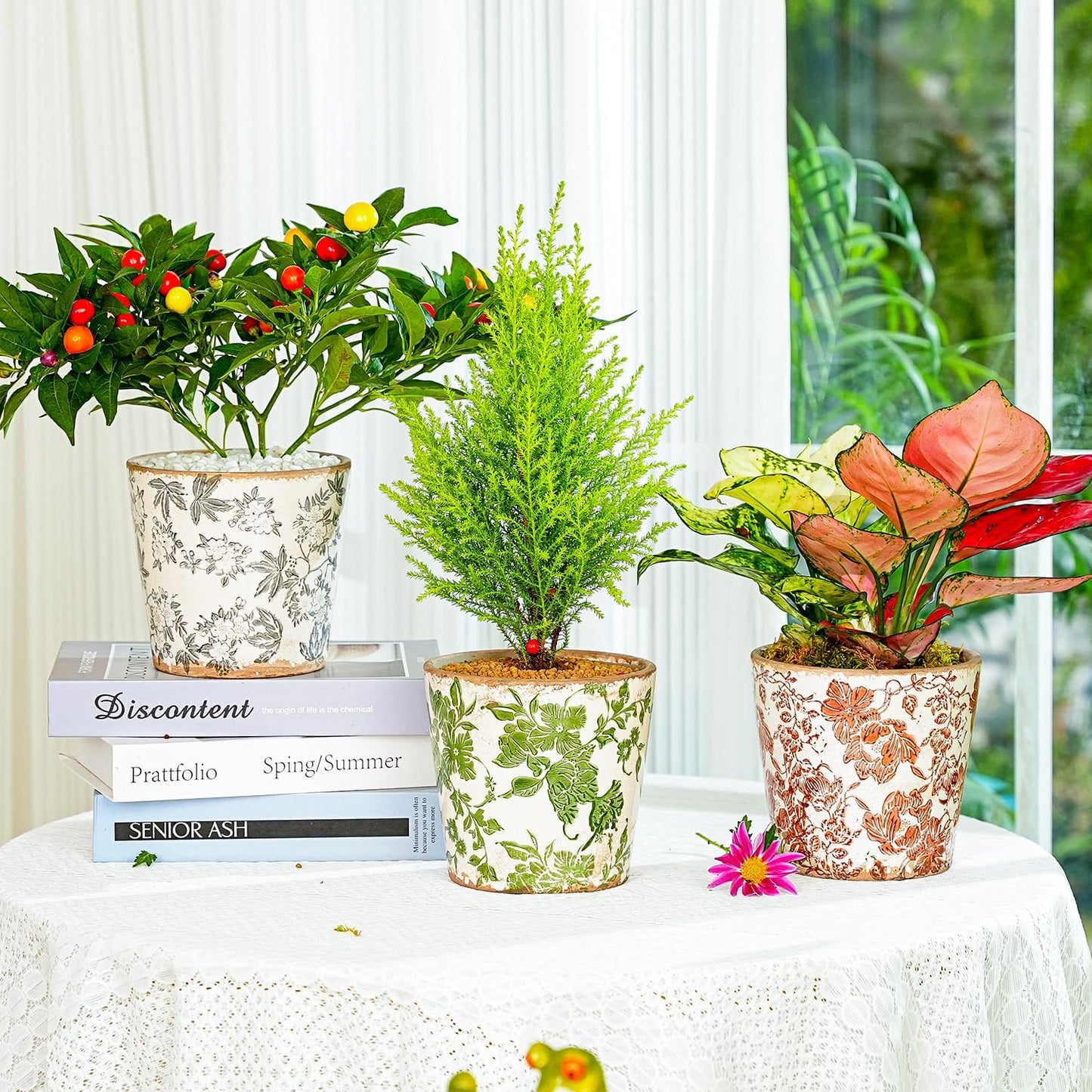 Sungmor Vintage Ceramic Plant Pots, Set of 3 Pretty Ice Cracked Glaze Ceramic Flower Pots, 5.5in. Herb Planters with Drainage Hole, Tuscan Planters for Indoor Outdoor Plants, Home Garden Decor Pot