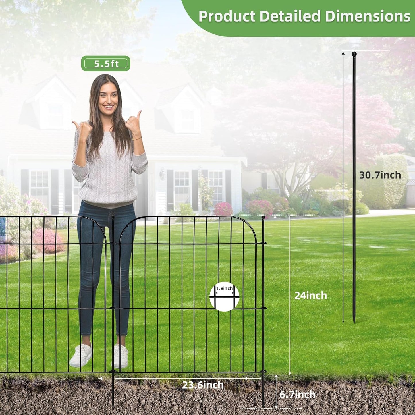 10 Panels No Dig Decorative Garden Fence, 24 in(H) x 20 ft(L) Rustproof Metal Wire Fencing Border, Dog Fence Outdoor for Yard, Temporary Tall Animal Barrier for Rabbits and Small Pets