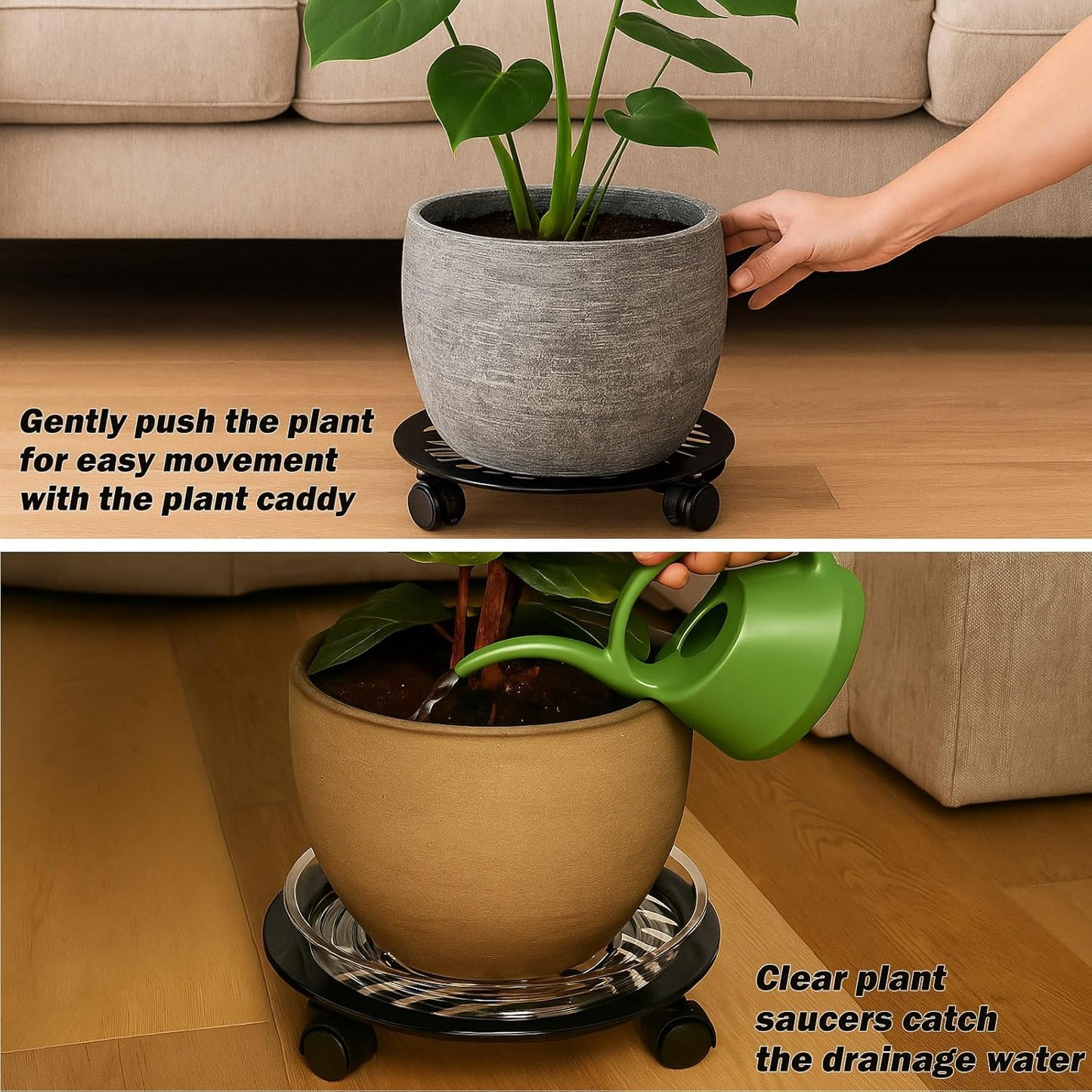 2 Packs Large Metal Plant Caddy with PU Wheels 13" Heavy-Duty Wrought Iron Rolling Plant Stands Indoor Outdoor Wheeled Plant Dolly Planter Mover Rollers Plant, Leaf Style