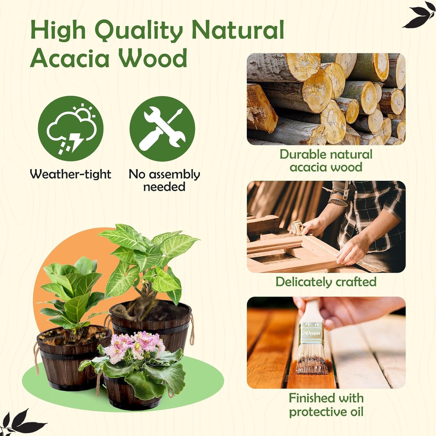 IDZO Set of 3 Wooden Flower Boxes Outdoor, Durable Acacia Wood Barrel Planters for Outdoor Plants with Ergonomic Handles, Drainage Holes, Multiple Sizes Wood Bucket Planter for Home Décor