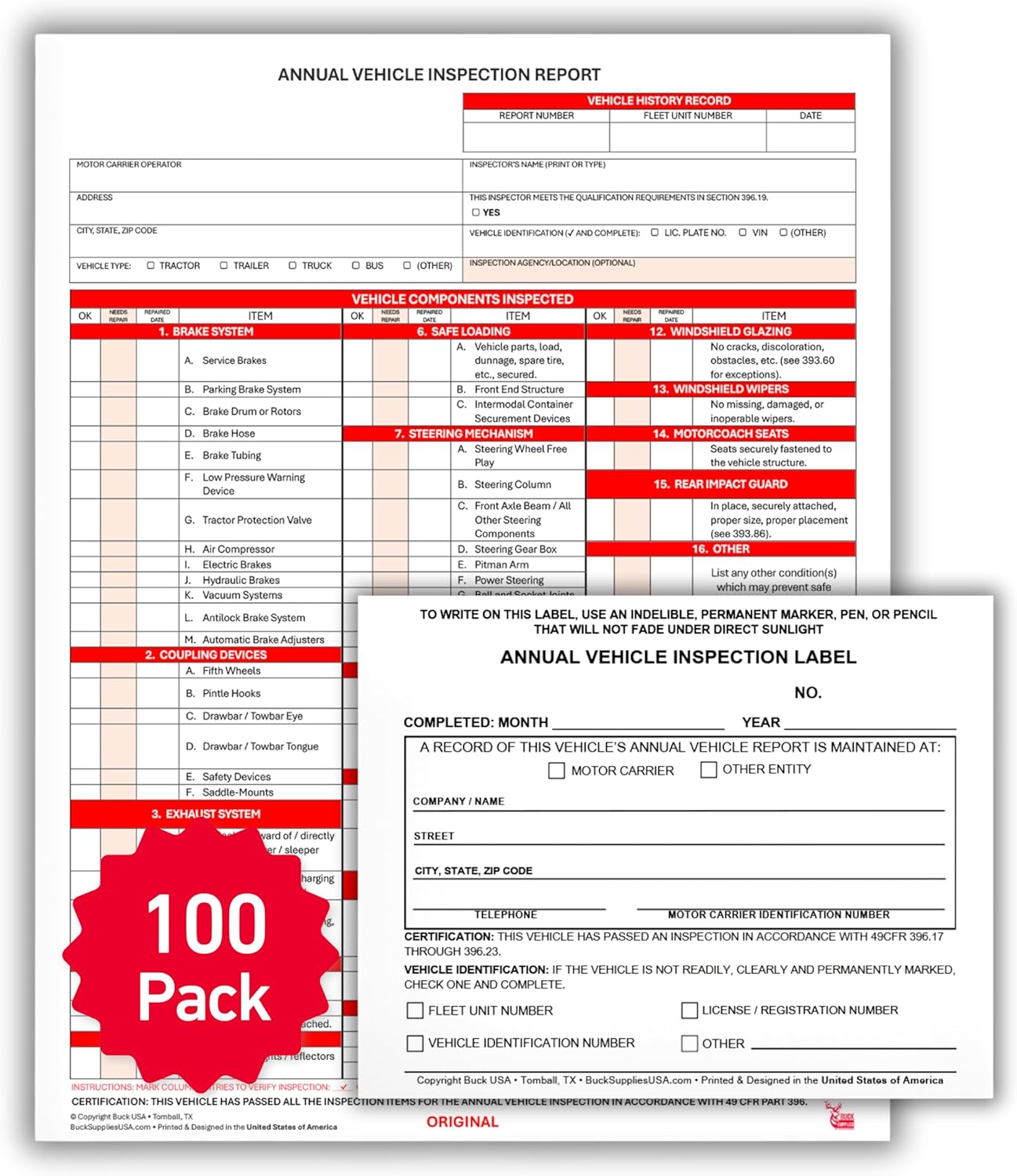 100 Pack 3-Ply Carbonless Annual Vehicle Inspection Report Forms with FMCSA 2-Ply Mylar Laminate Adhesive Vinyl Labels, DOT Inspection Forms and Stickers, Shrink-Wrapped, 8.5" x 11.75" - Made in USA