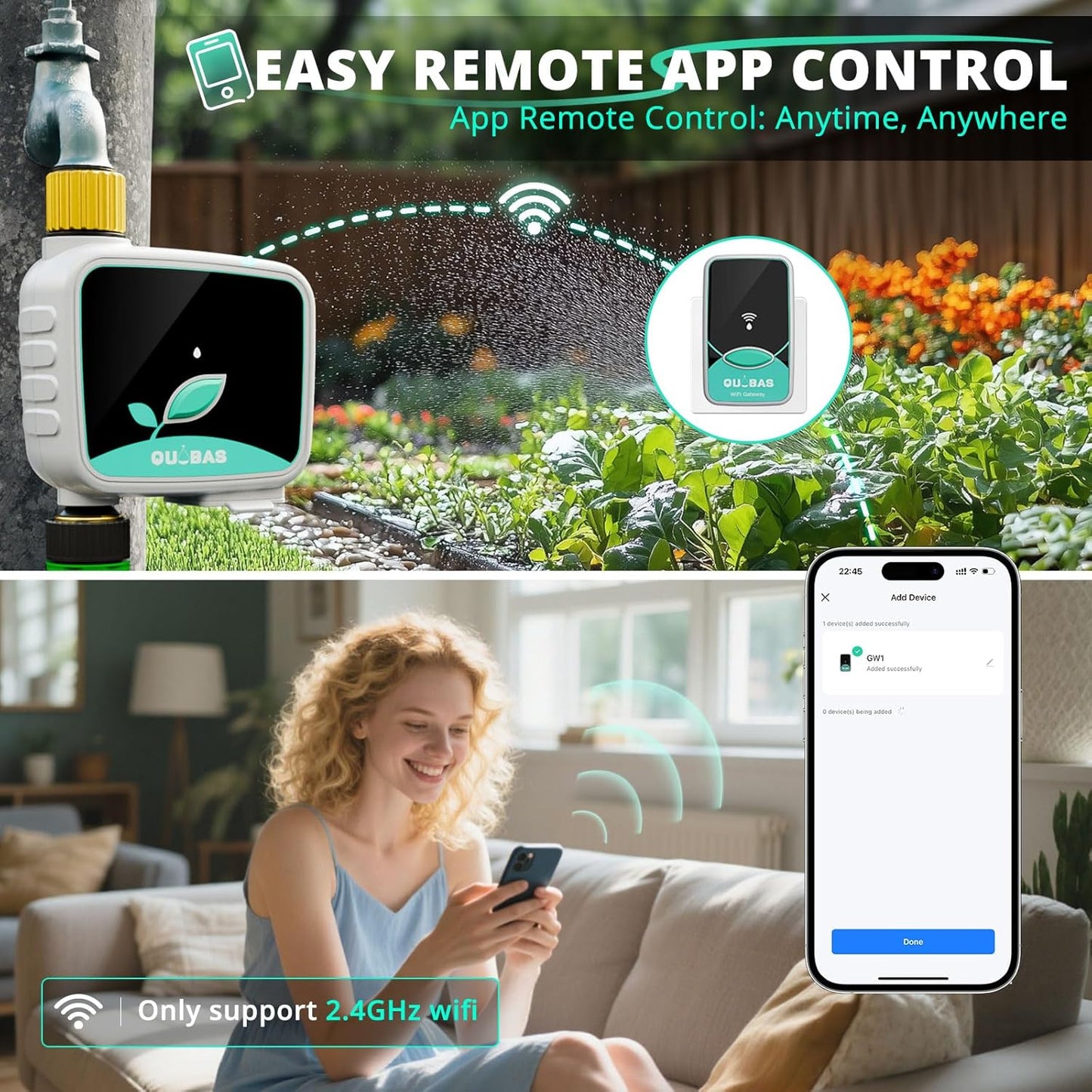 QUOBAS WiFi Sprinkler Timer with Brass Inlet & Outlet, Smart Water Timer for Garden Hose with APP Remote Control, Manual Watering, Rain Delay Watering, for Lawn, Garden