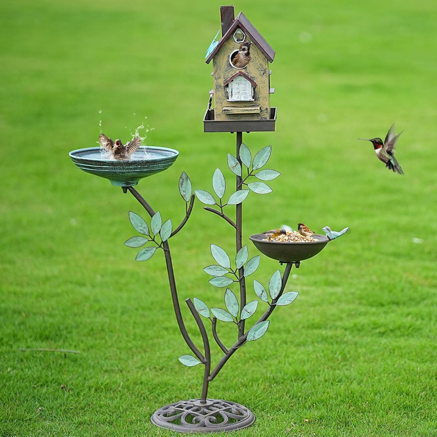 38" H Cast Iron Pedestal Bird Baths for Outdoors,3 in 1 Metal Bird Bath Bowl with Bird Houses and Bird Feeder,Garden Yard Decor