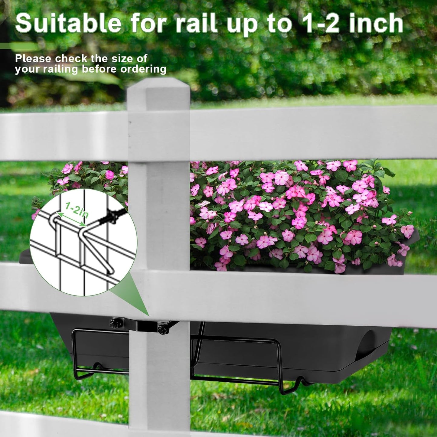 HAITRAL Hanging Planters for Outdoor Plants,Deck Railing Planter Boxes Countryside Style Window Boxes Planters, Balcony Flower Pots Plastic Railing Planter with Metal Brackets for Fence,Black 6 Pcs