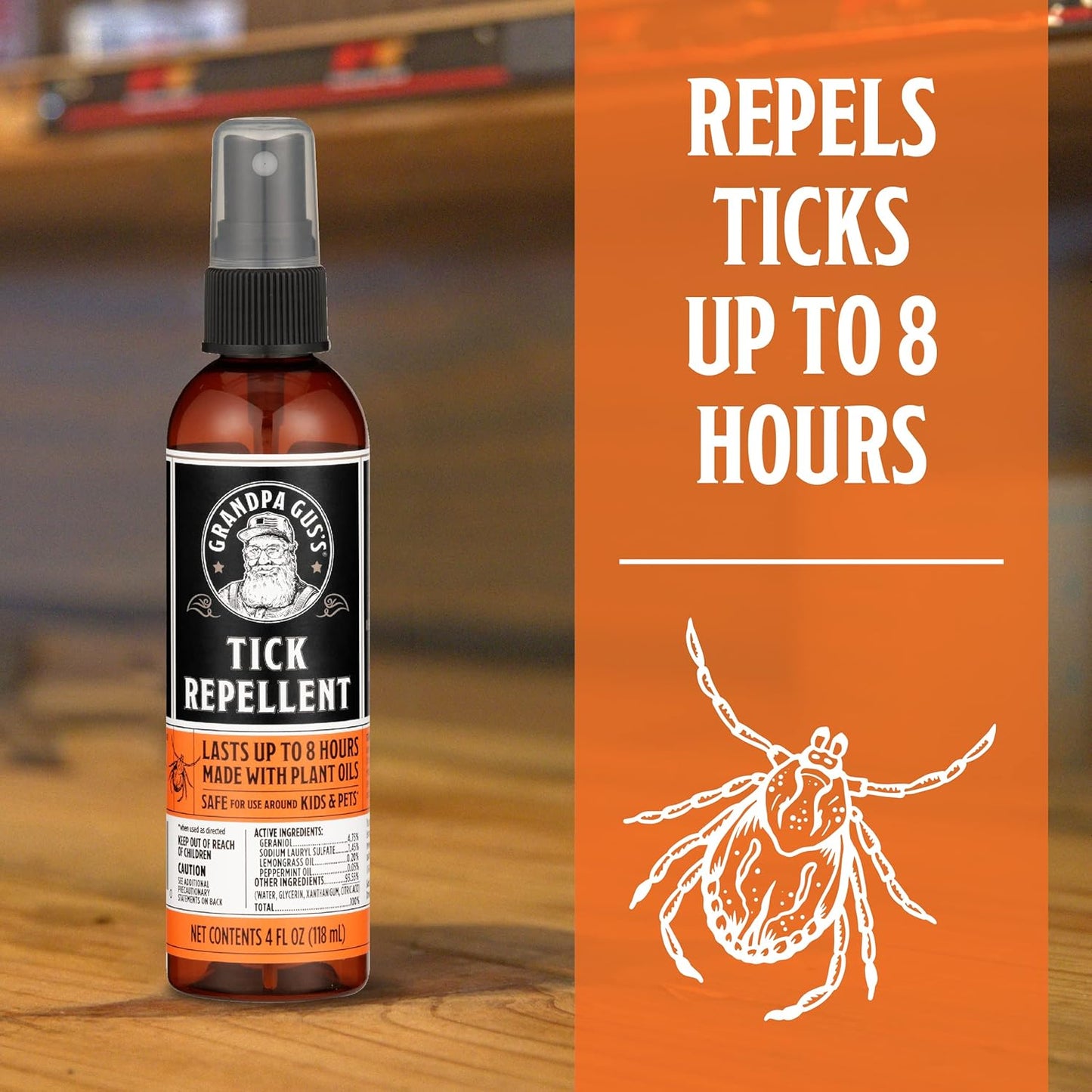 Grandpa Gus's Natural Tick Repellent Spray with Essential Oils - for Humans, DEET-Free, Up to 8 Hours of Protection, Camper Essentials, Safe Around Kids and Dogs, 4 oz (Pack of 2)