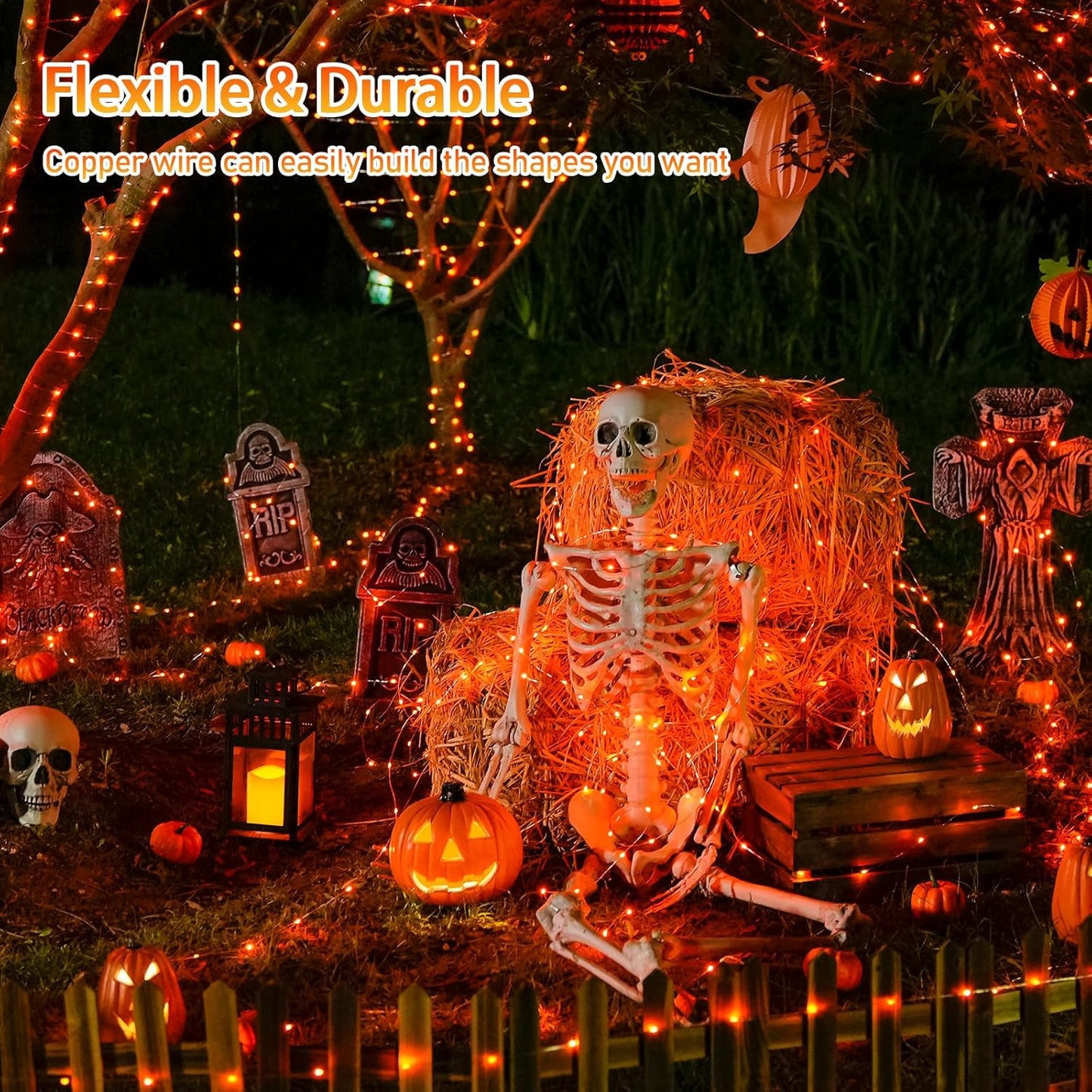 JMEXSUSS 4 Pack Solar Halloween Lights, Total 400 LED 132 FT Orange Solar Lights Outdoor Waterproof, 8 Modes Copper Wire Solar Fairy String Lights for Garden Yard Tree Halloween Decor