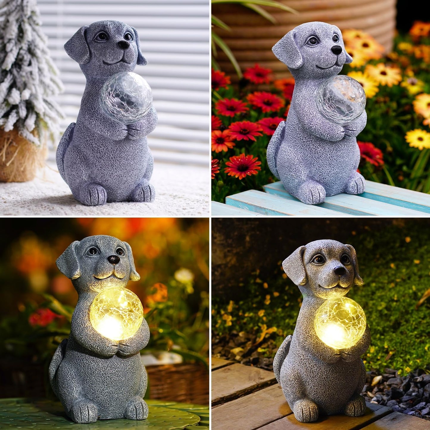 Dog Garden Statues - 8.4 Dog Decor with Gazing Ball LED Lights, Unique Gifts for Mom Grandma Birthdays, Outdoor Decor for Outside Lawn Porch Patio (Gray)