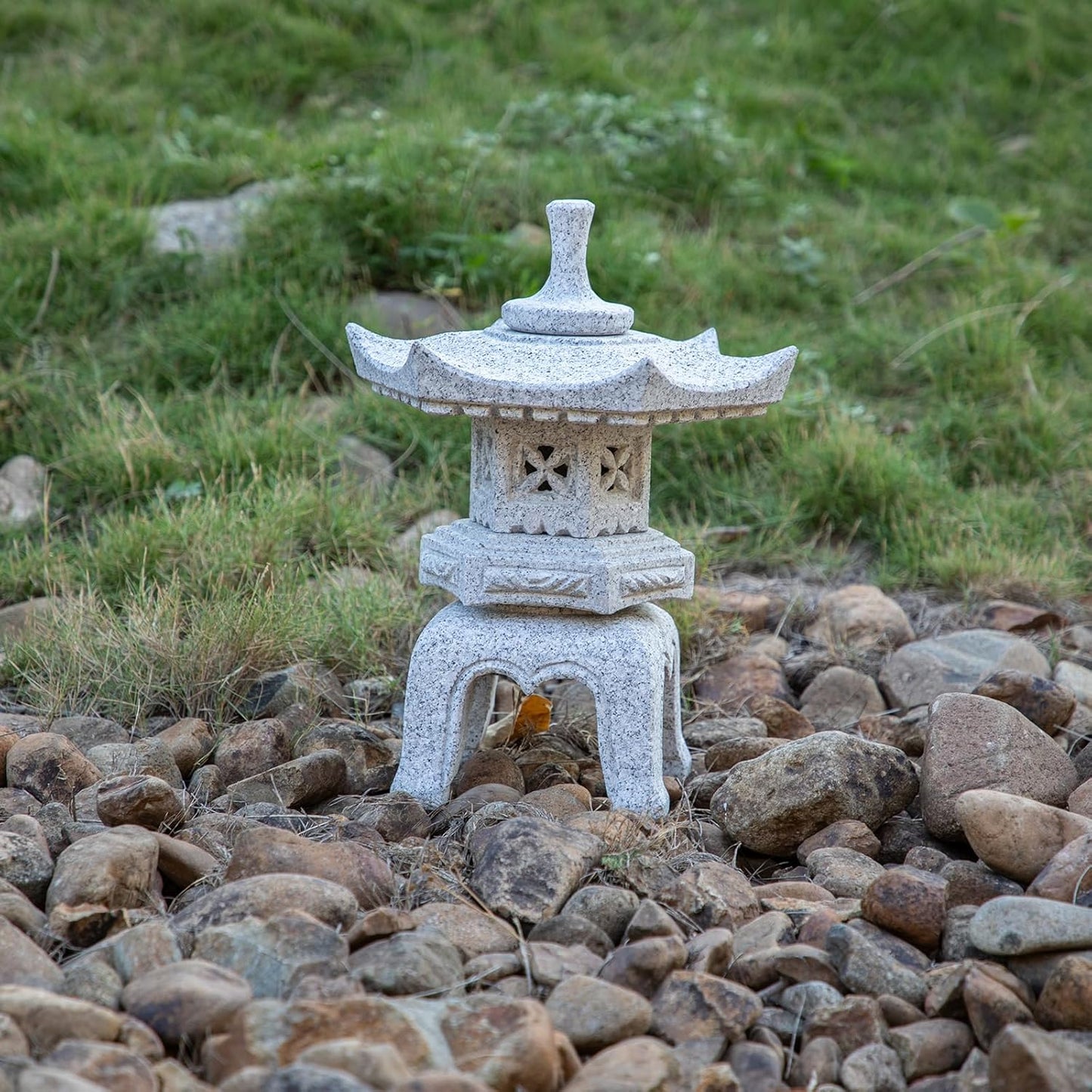 Generic Five Pieces Stone Japanese Lantern, Light Gray, Water Resistant, Granite, 16 inches H x 12.2 inches W x 12.2 inches D, Garden Decoration, Outdoor Lantern
