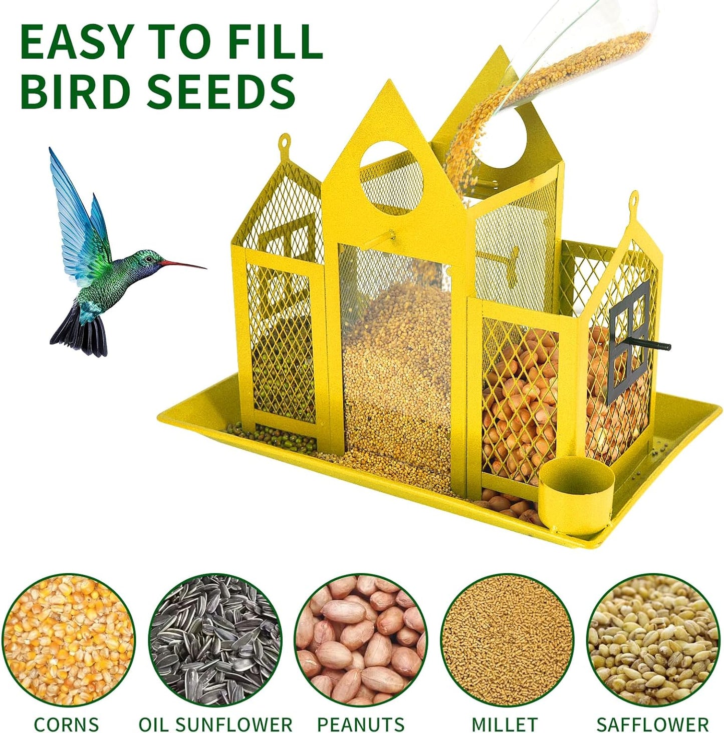 Solar Bird Feeders House for Outside Hanging, Metal Wild Bird Feeder for Outdoors, Large Cardinal Bird Feeder Birdhouses Squirrel Proof (Yellow)