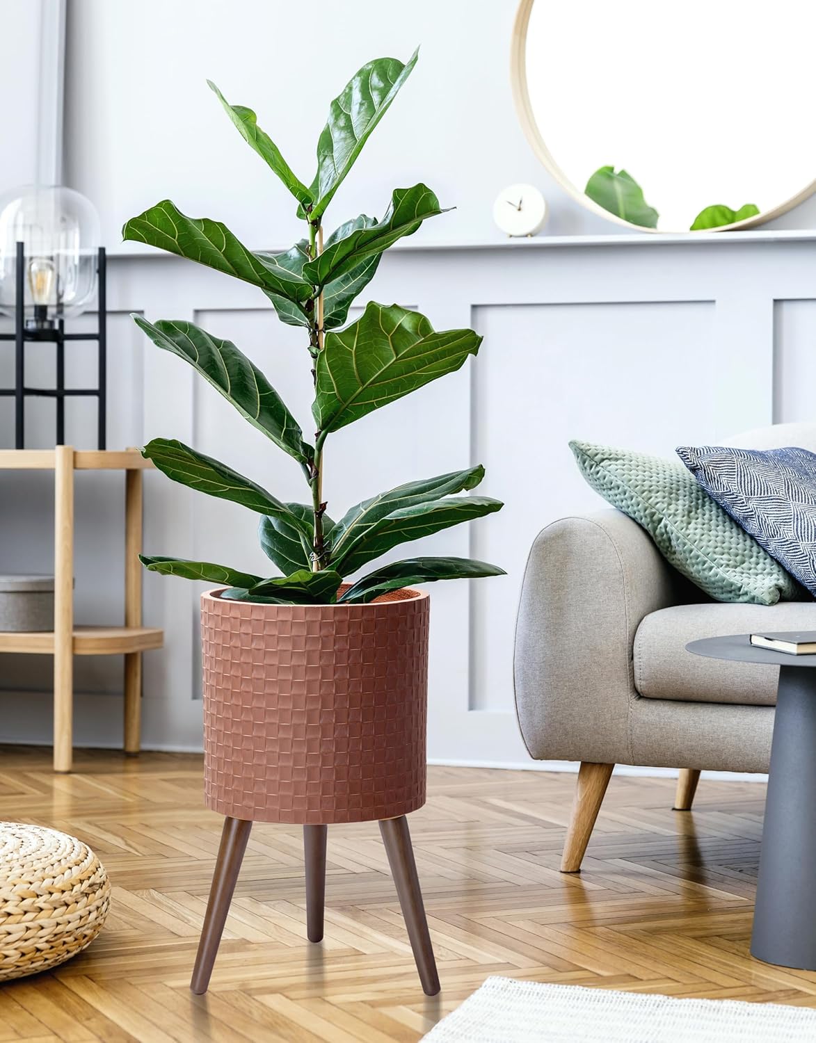 D'vine Dev 12 Inch Modern Geometric Tile Patterned Sleek Planter Pot with Stand, Indoor Outdoor Decorative Plant Holder, Terra Cotta, 88-Z-C-3