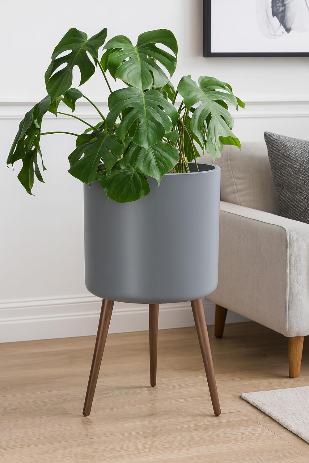 D'vine Dev 16 Inch Planter Pot with Stand, Mid-Century Tall Plant Pot with Legs for Indoor Plants, XX-Large, Grey, 88-O-E-3
