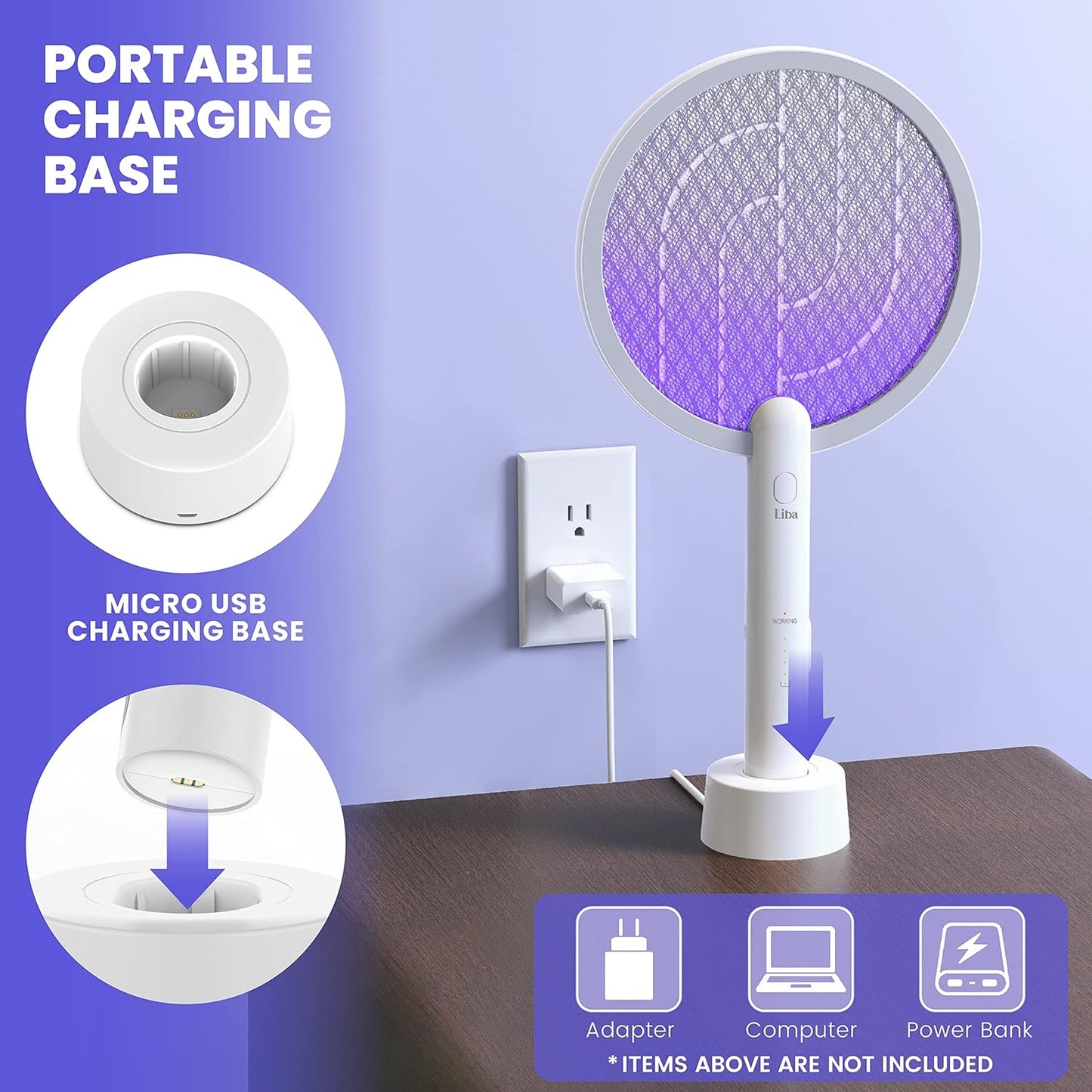 LiBa Electric Fly Swatter Racket, 2 in 1 Electric Bug Zapper USB Rechargeable, 4000V Indoor Outdoor Mosquitoes Zapper with 5 Layer Safety Mesh, Cordless Insect Killer Trap Home Office Camping Patio