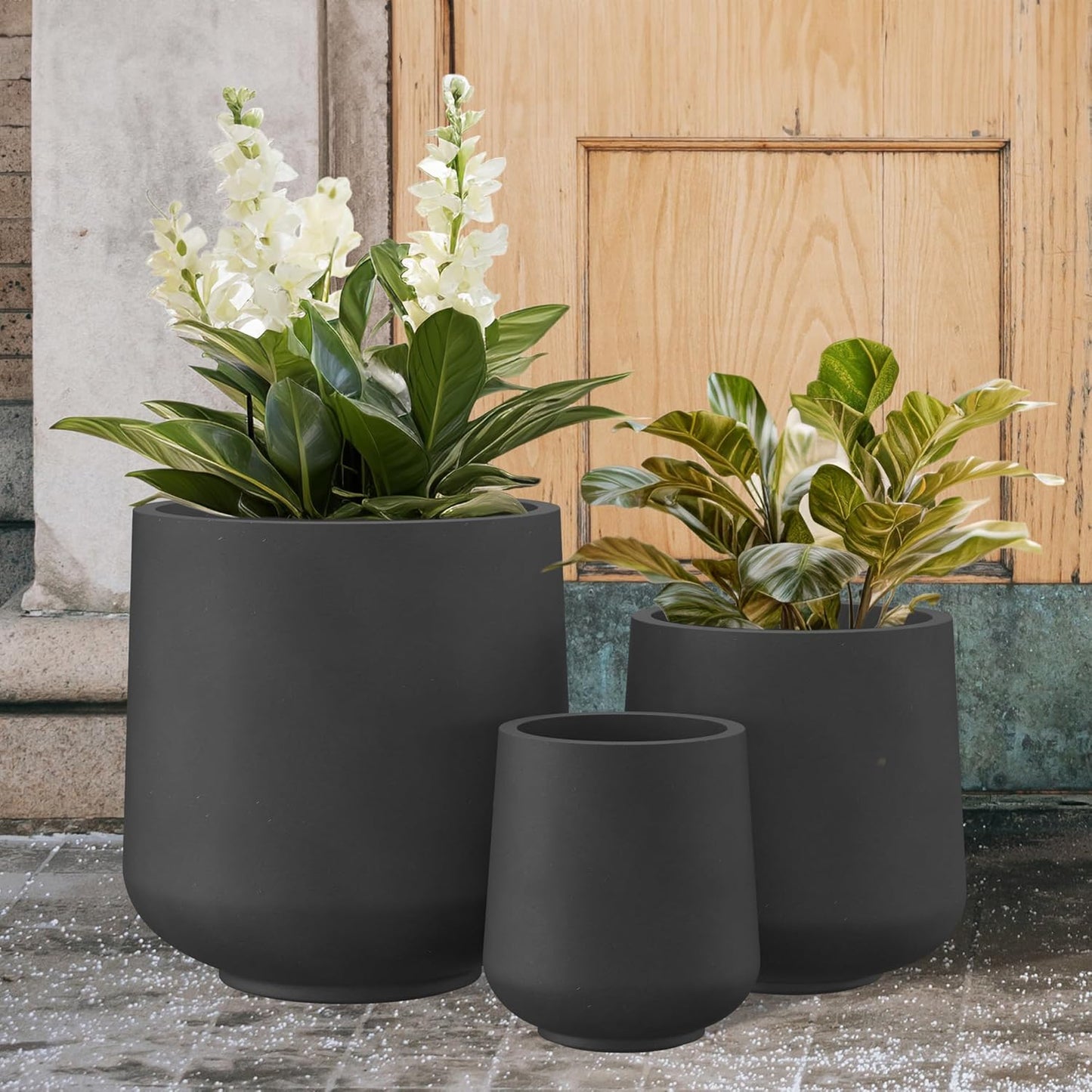 Kante 15.3"+11.6"+8.2" Dia Round Concrete Planter, Large Outdoor Indoor Planter Pots Containers with Drainage Holes and Rubber Plug for Home Garden Patio, Black