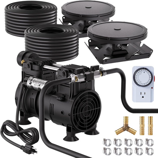 HQUA PAS20 Pond & Lake Aeration System for Up to 3 Acre, 3/4 HP Compressor + Two 100' Weighted Tubing + 2 Diffusers