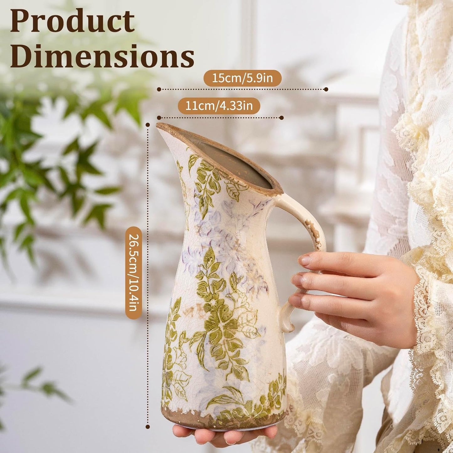 Vintage Ceramic Pitcher Vase with Handle, Farmhouse Green and Purple Large Floral Vases, French Country Decorative Vase, Rustic Table Centerpiece for Home Decor, Bookshelf, Office 10.5 Inch