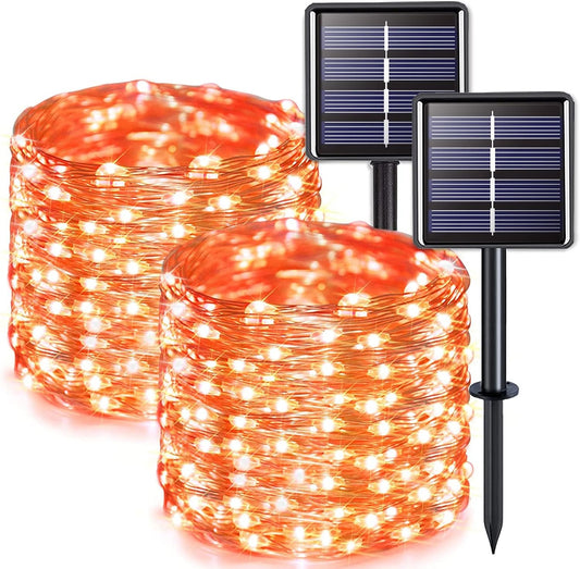 JMEXSUSS 2 Pack Solar Halloween Lights, 33ft 100 LED Orange Halloween Lights Outdoor, Waterproof Solar Fairy String Light for Tree Yard Patio Garden Thanksgiving Decorations