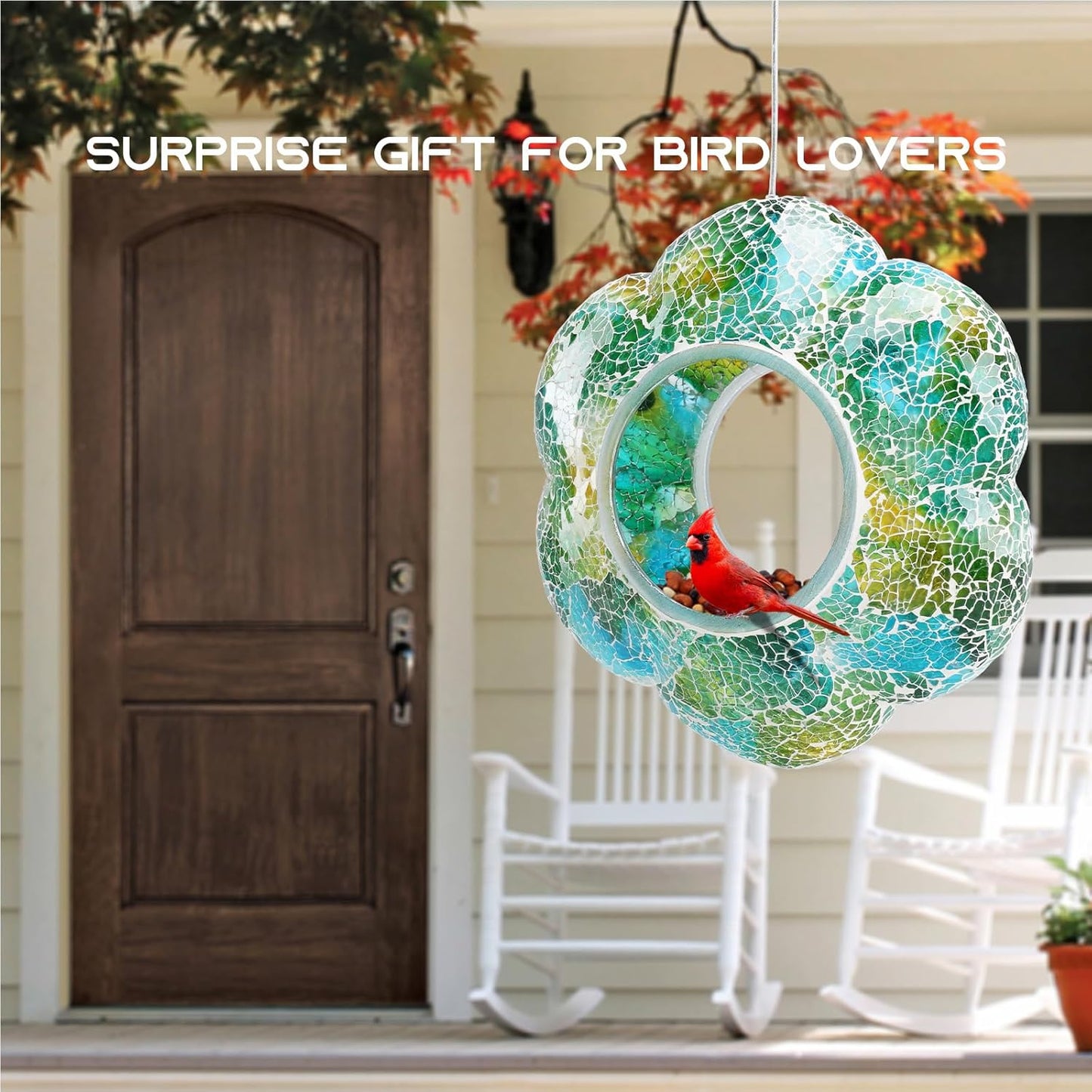 Yinns 9 Inch Large Mosaic Bird Feeders for Outside Hanging Fly Through Bird Feeder with Flower Shape Glass Birdfeeder for Garden Decor