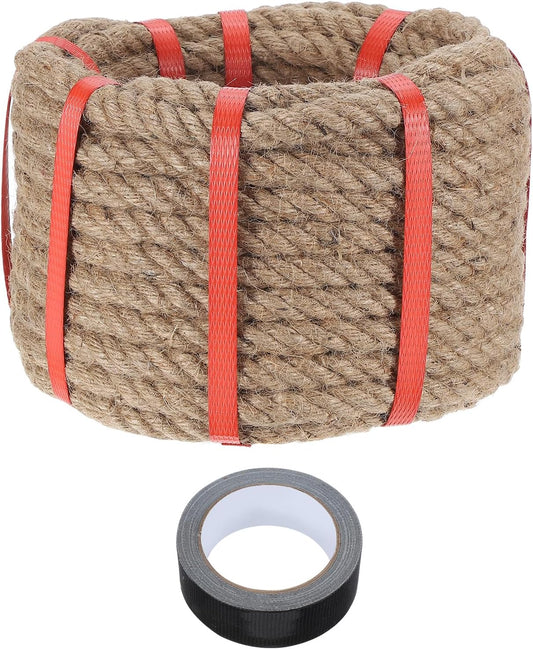 MECCANIXITY Jute Rope 0.55 Inch x 49ft, Thick Twine Rope Ropes Braided Jute Twine Natural Brown Burlap Cord String Heavy Twisted with Tape for Decorative Crafts Railing Swing Tug of War