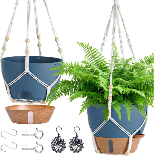 Hanging Planter Self Watering 10 Inch, 2 Pack Hanging Baskets for Plants, Hanging Flower Pots with Drainage Hole & 2 Kinds of Plant Hangers for Garden Home Decor (Navy Blue, 10 Inch)