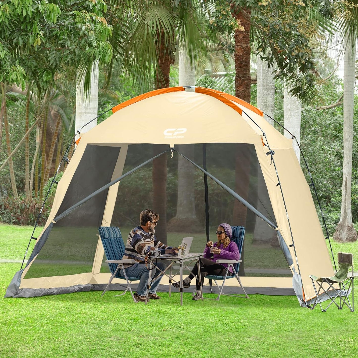 CAMPROS CP Screen House Room with 1 Side Wind/Sun Panel Canopy Tent Camping Tent Screen Shelter Gazebos for Patios Outdoor Camping Activities, 10'X10'X86in(H) - Beige
