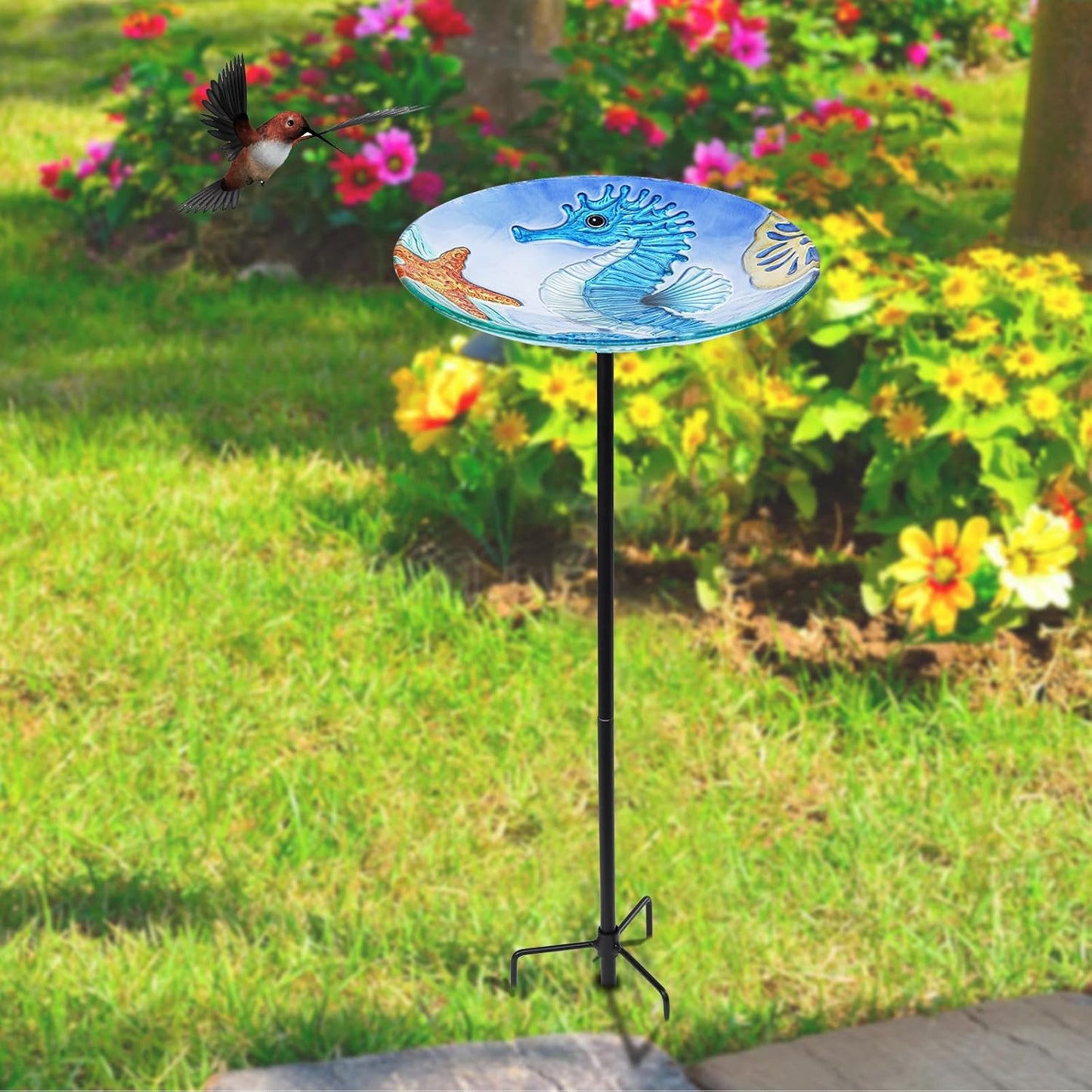 MUMTOP Bird Baths for Outdoors, Glass Birdbath Birdfeeder Bowl with Metal Stake for Outside Garden Yard Lawn Seahorse Decor