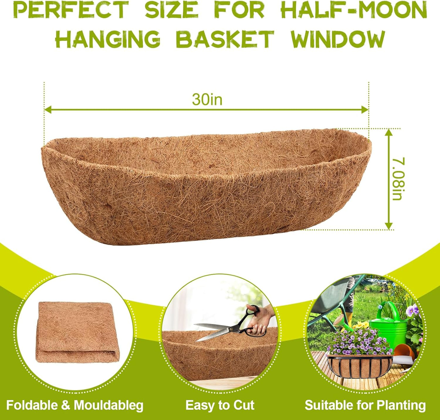 Riare 2 Pack 30 Inch Trough Coco Coir Liners for Planters, Pre-Formed Coconut Coir Replacement Liner Natural Coco Fiber Window Box Liners for Wall Planter, Window Basket Deck Railing Planter