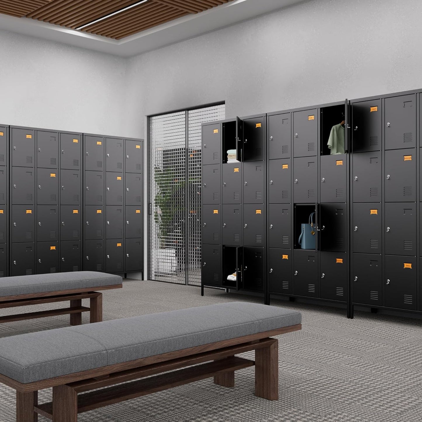 12 Doors Metal Locker for Employees with Business Card Holder,Metal Locker with 12 Hooks and Ventilation Holes for School Garage Office Gym Home,Assembly Required,Black