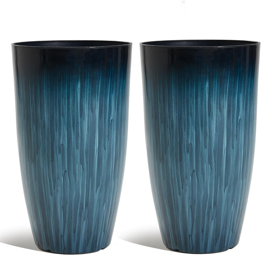 Worth Garden 20" H. Large Plastic Planters - Set of 2 Gradient Blue Glossy Smooth Finish - Tall Plant Pots for Indoor & Outdoor Use - Decorative Lightweight Flower Pots for Front Porch, Patio, Deck