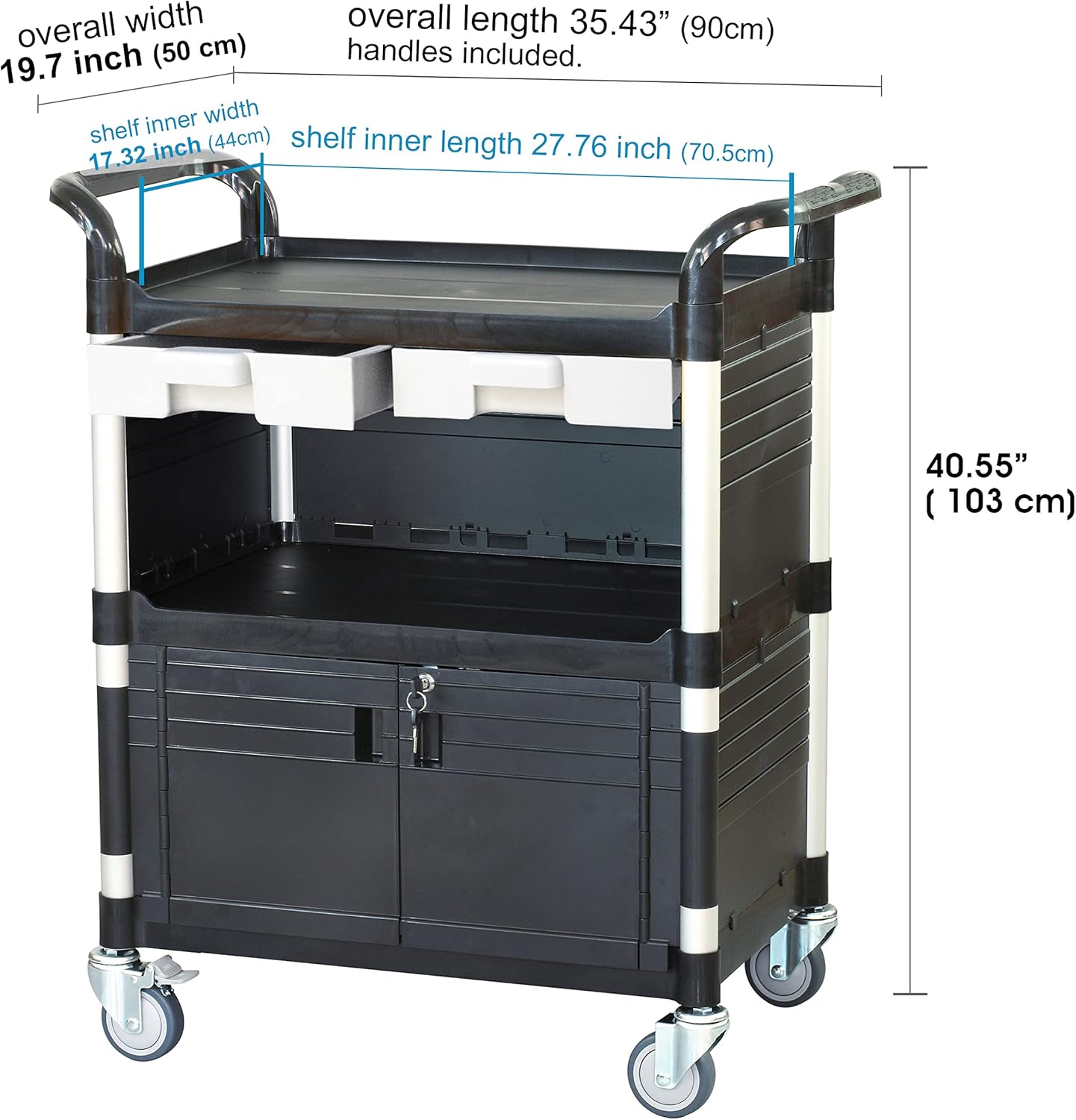 JaboEquip 3 Tier Heavy Duty Utility Cart, Lockable Medical Cart, 606 lbs Load for Lab, Hospital, Office, JB-3KD1, Black
