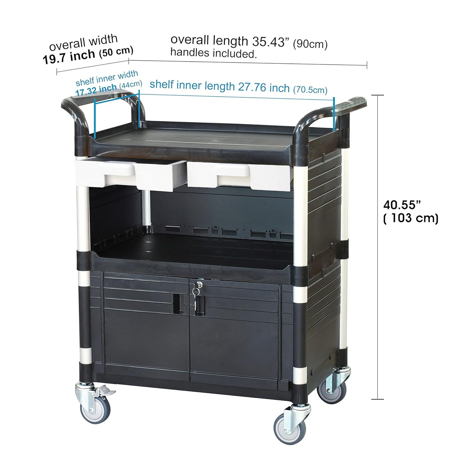 [ JaboEquip] 3 Shelf Durable Utility Cart Lockable Medical Cart Cabinet Hospital Cart Lab Cart, 606 lbs Load for Lab Hospital, JB-3KD1M, Black