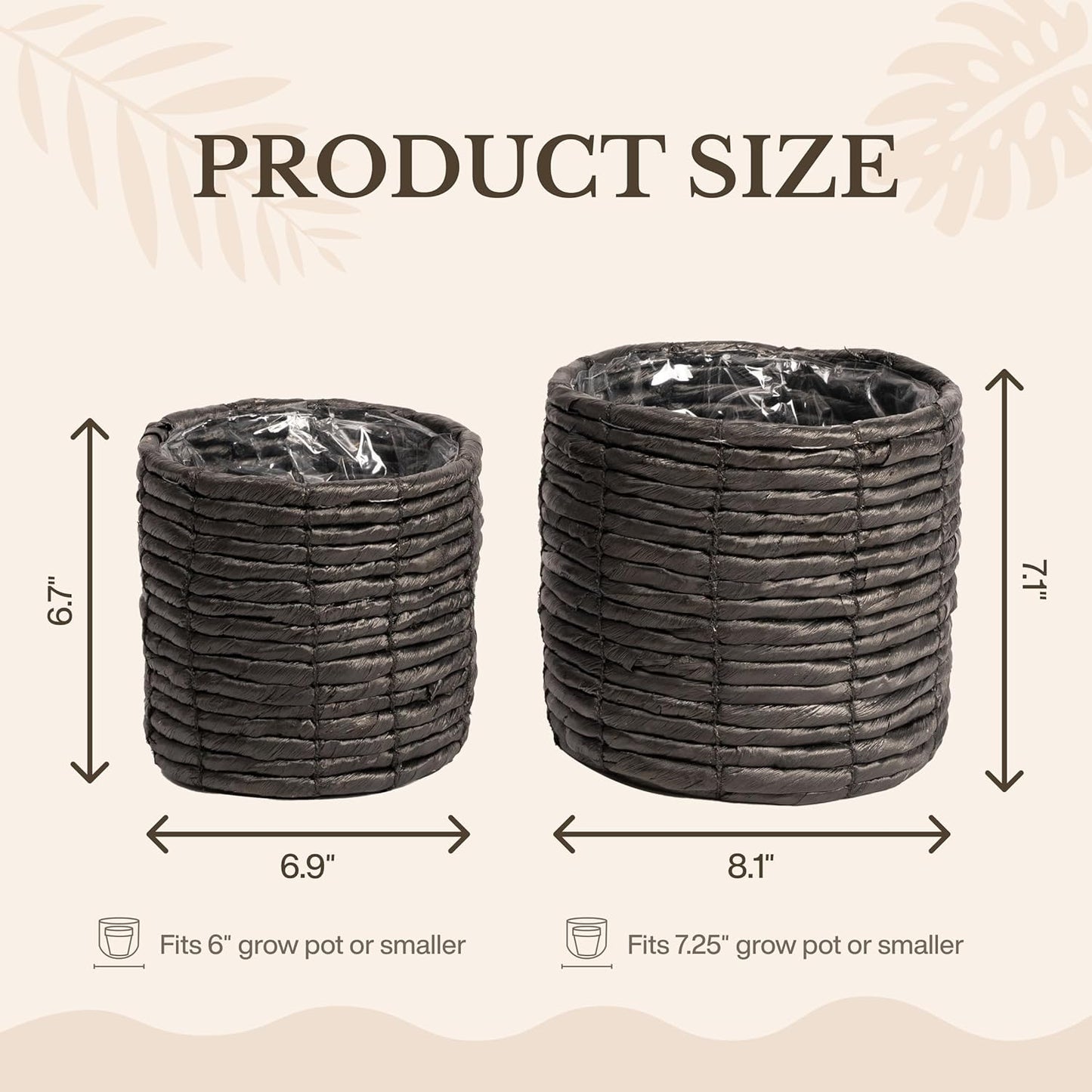 Set of 2 Water Hyacinth Planter Pot Indoor for Plant, Flower Pot, Succulent Pot, Basket Planter, Decorative Pot Cover (Black)