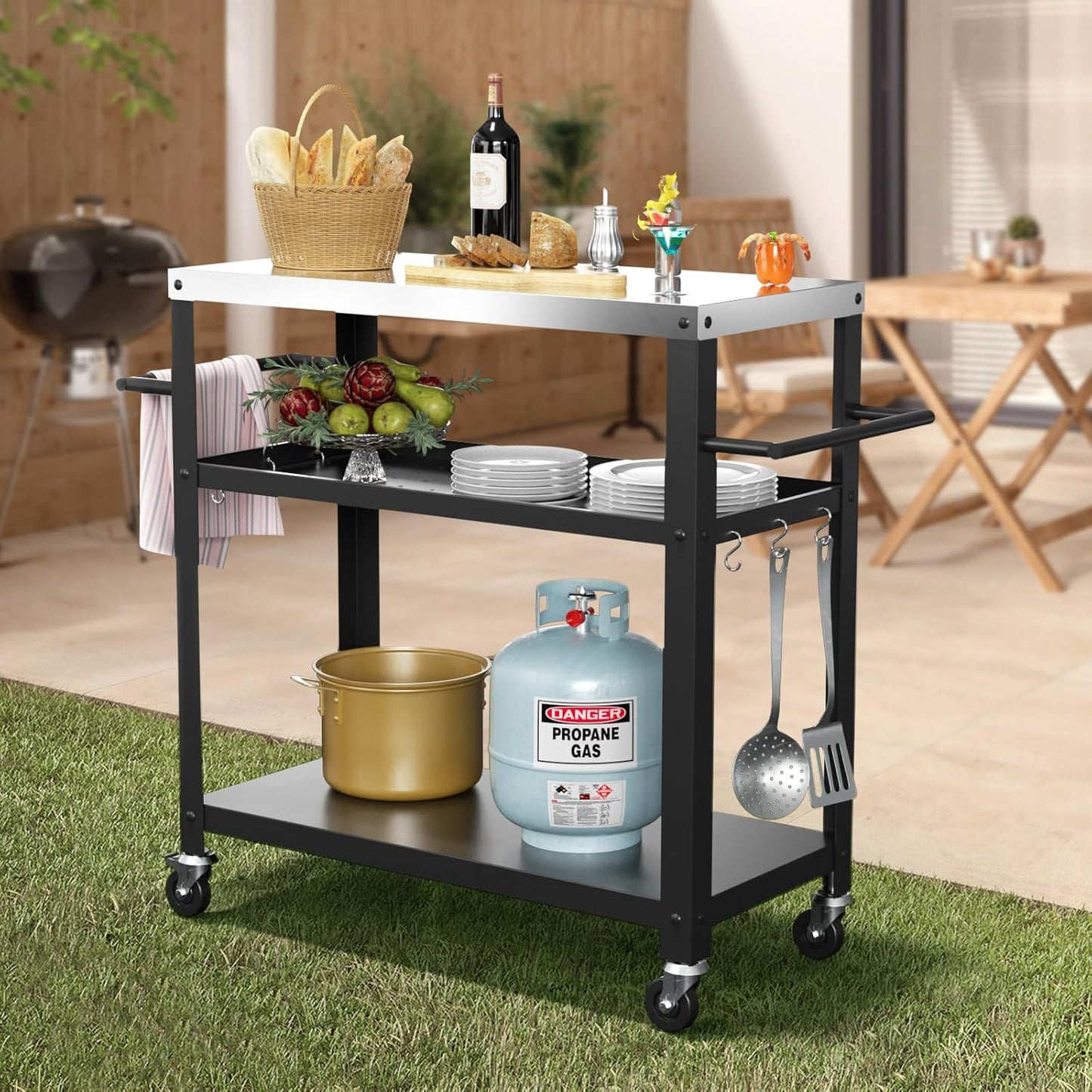 Outdoor Grill Cart with Three-Shelf, Stainless Steel Pizza Oven Table for Outside, Dining Kitchen Cart with Two Side Handle, Garden Patio BBQ Kitchen Food Prep Table Cart (Black)