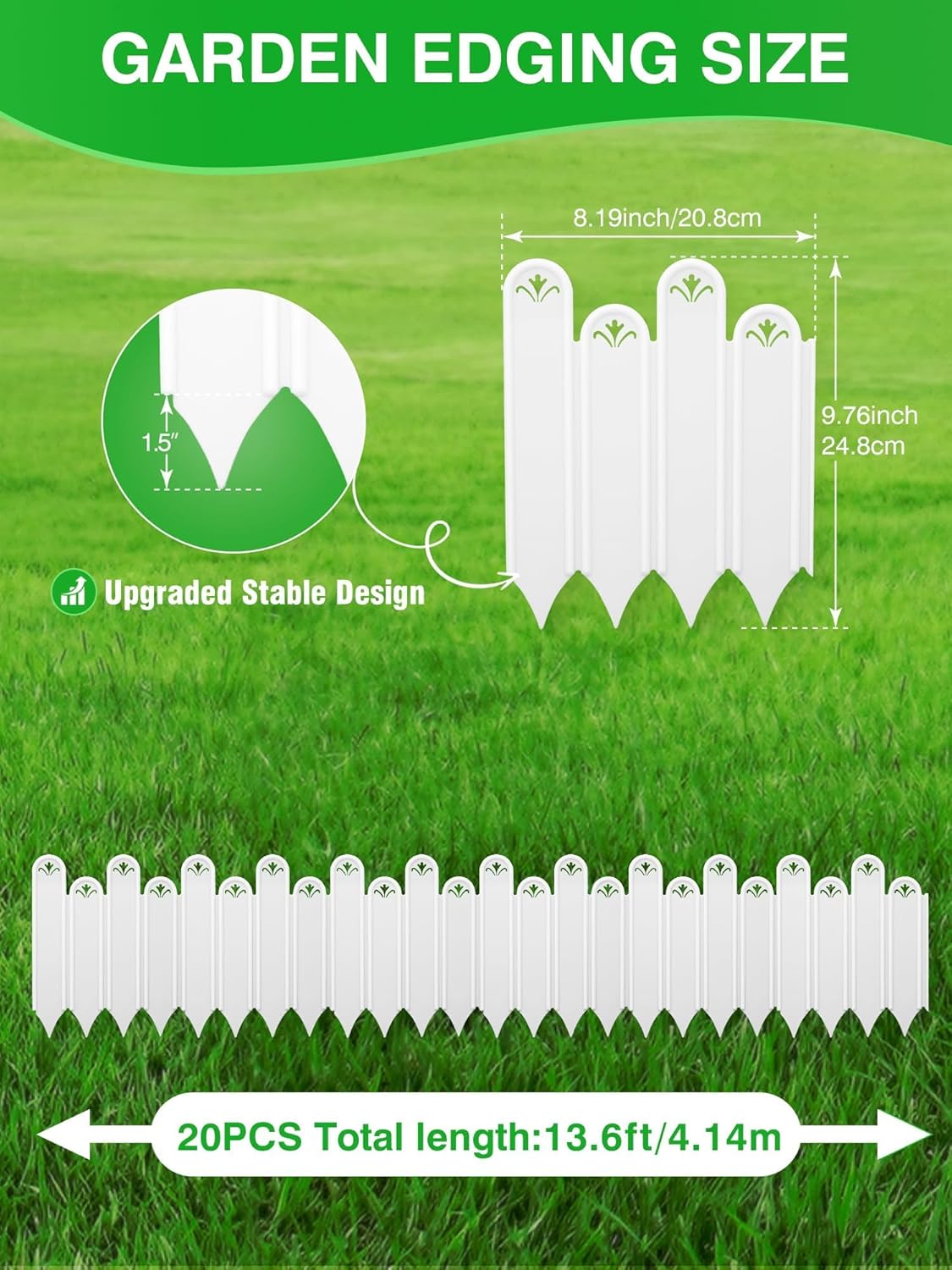20PCS White Garden Edging Borders, 9.76" H Plastic Fences Edging with Hammmer Shovel Gloves, 13.6Ft Decorative Interlocking Landscape Edging, Flexible Flower Bed Border for Patio