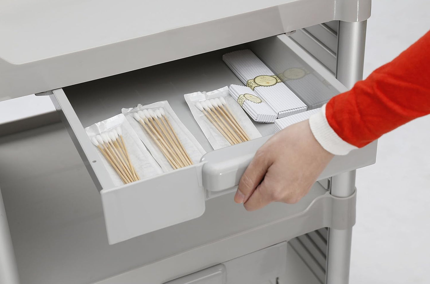 JaboEquip, 3 Shelf Small Medical Cart with Drawer, Hospital Cart Utility Cart 606 lbs Load, JBGS-3K1-1, Off-White (Light Grey) Color