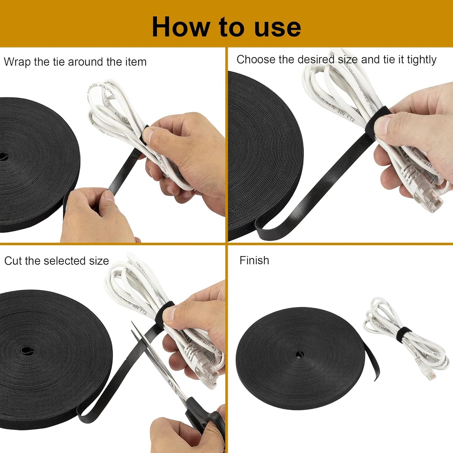 1/2 inch Reusable Fastening Tape Cable Ties Double-Sided Hook-and-Loop Cable Management Tape (Black 25 Yards)