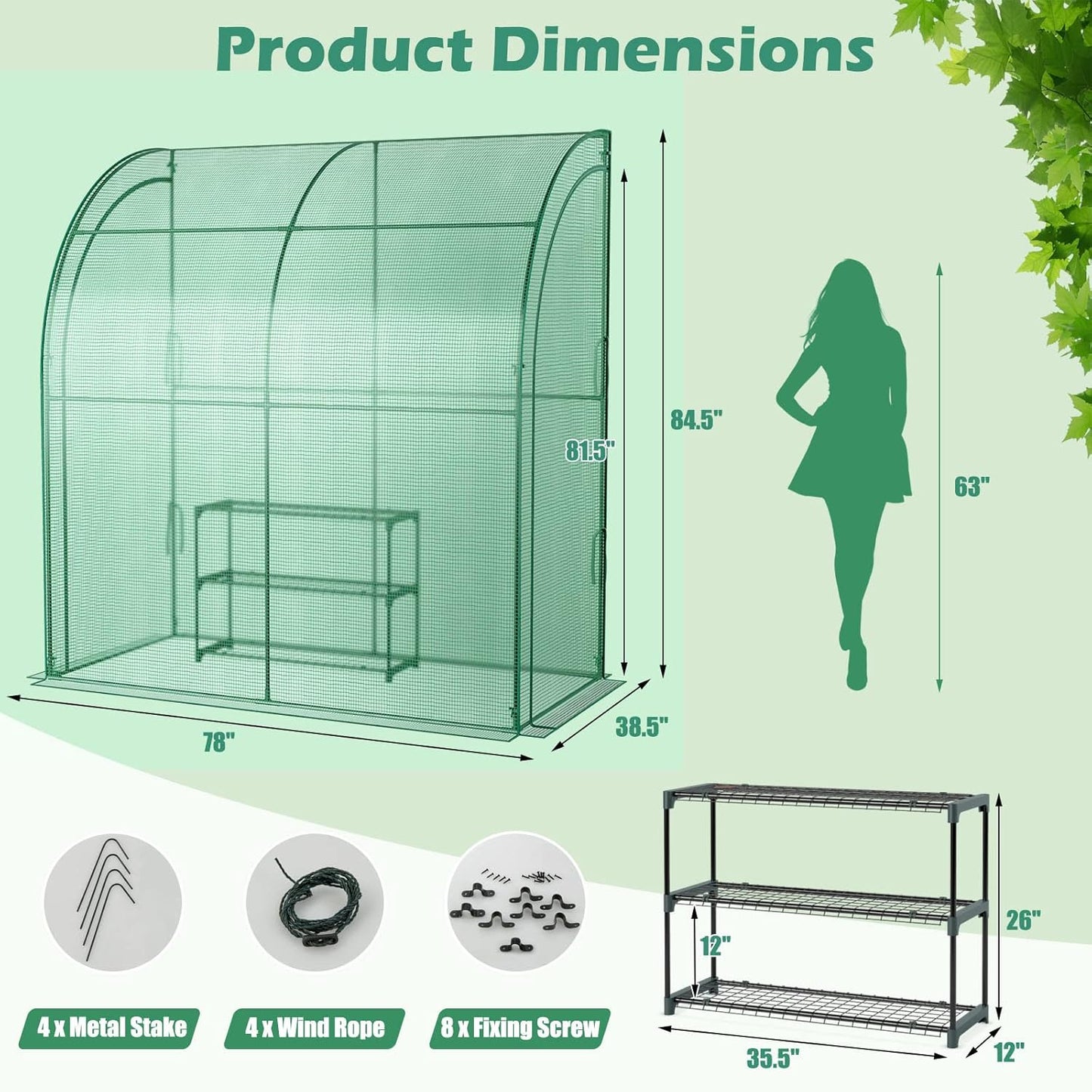 SAFSTAR Greenhouse, 7' x 3.5' x 7' Mini Lean-to Walk-in with 3-Tier Flower Rack, Roll-Up Zipper Doors, Weatherproof PE Cover, Indoor/Outdoor Garden Greenhouse