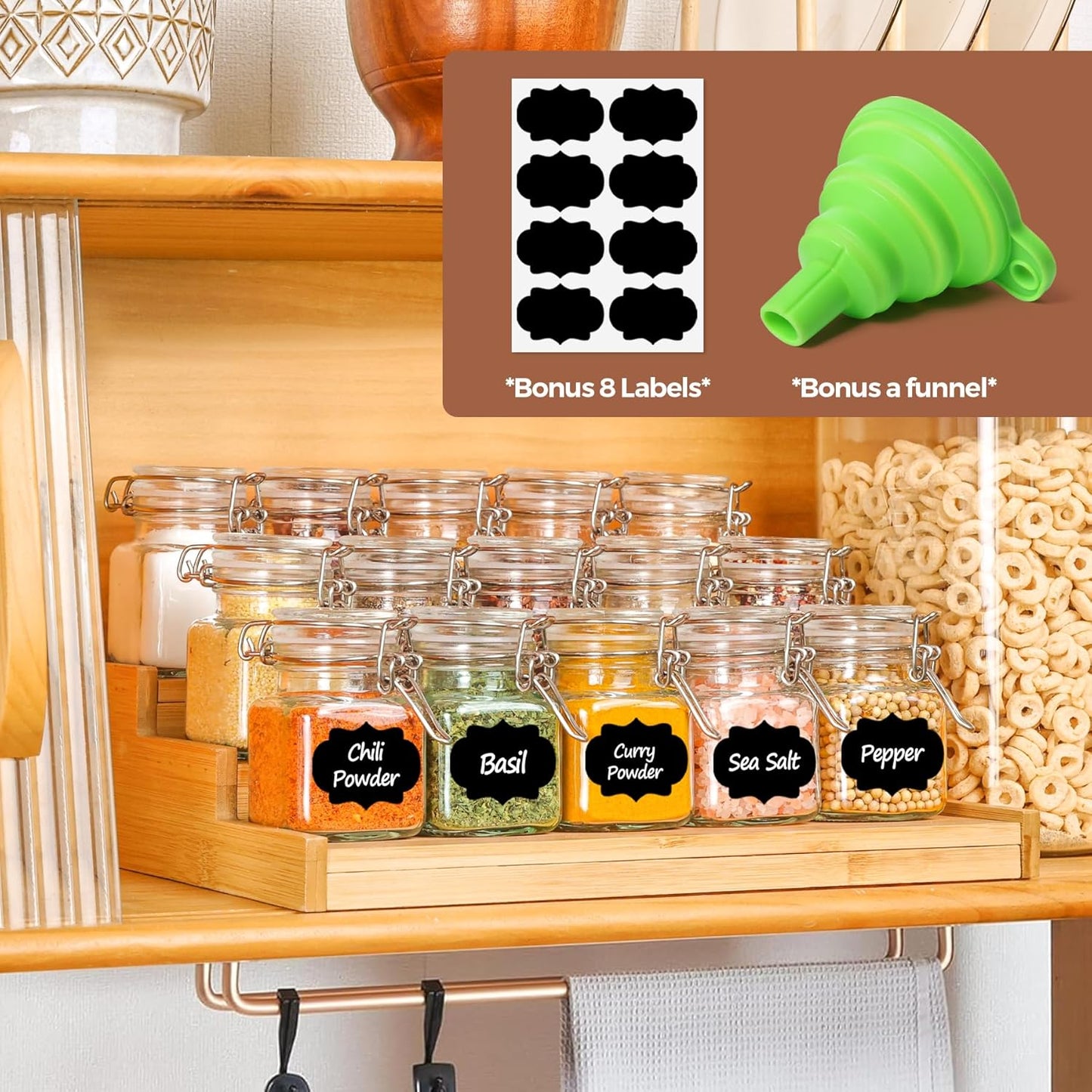 ComSaf 4 oz Glass Jars with Lid, Set of 12 Mini Airtight Glass Jars, Spice Jars, Small Mason Jar, Canning Jar Square with Seal Wire Clip Fastening, Labels & Funnels for Jam, Honey, Kitchen, Wedding