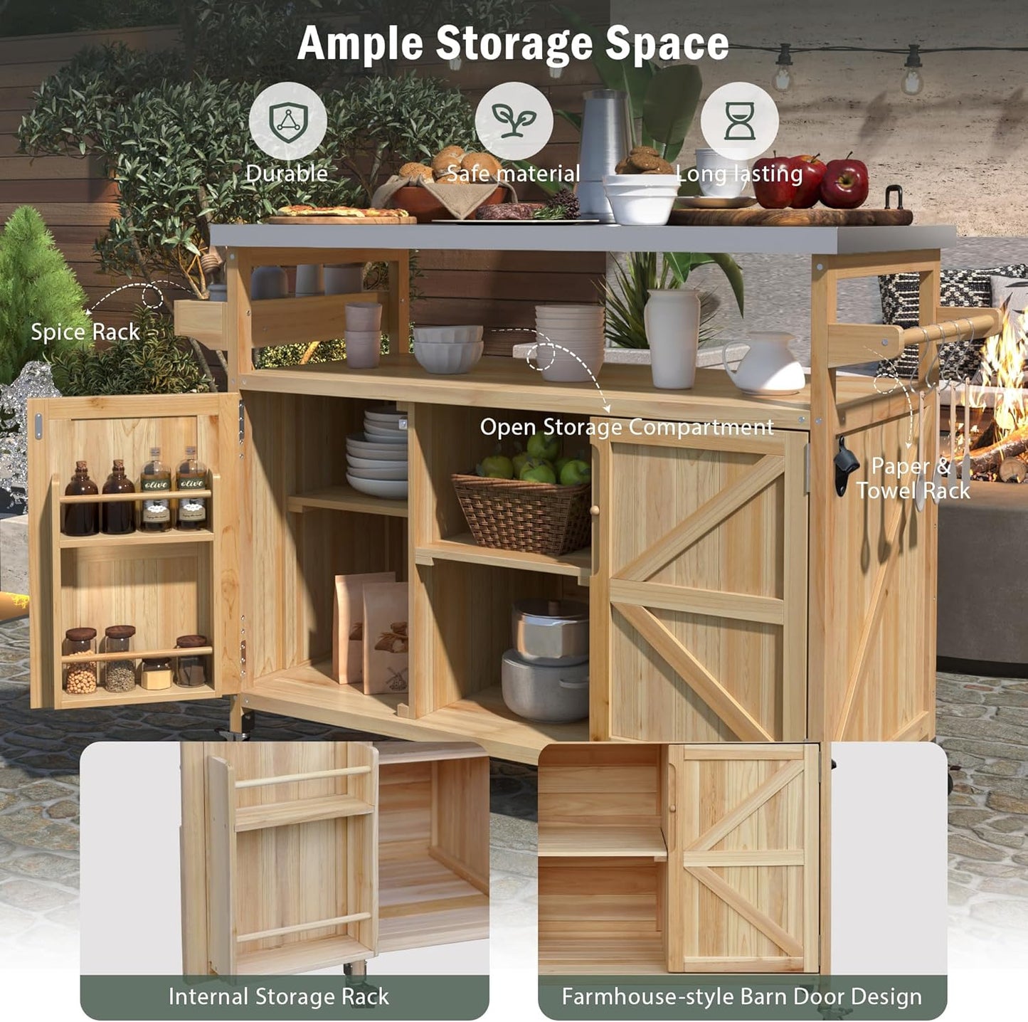 Grill Cart with Stainless Steel Tabletop - Outdoor Storage Cabinet for BBQ, Bar Patio Kitchen Island with Ample Storage and Lockable Wheels